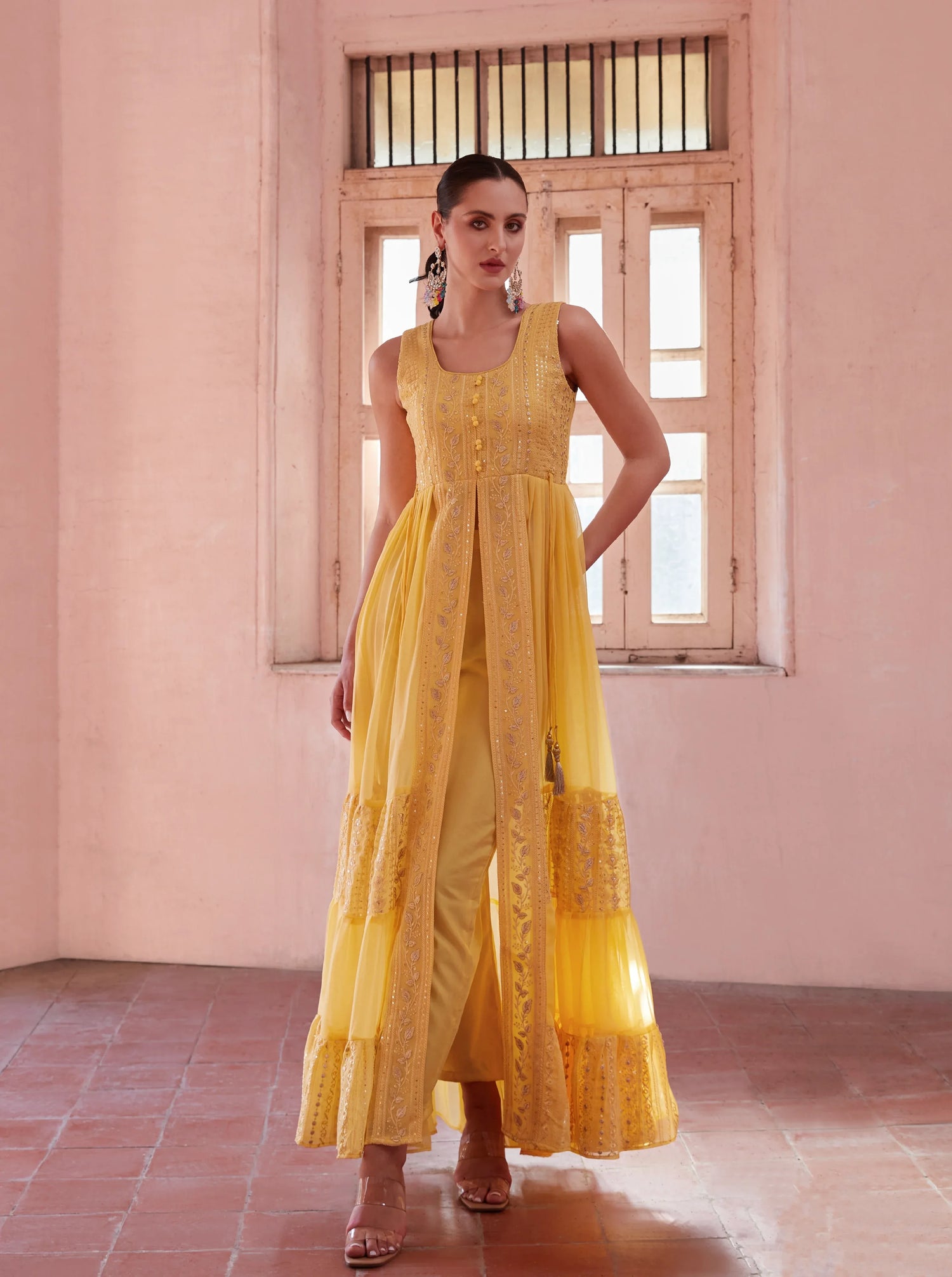 aspley flare cuff waist tie dress beige Yellow Full Flared Anarkali Gown In Georgette With Thread And Sequins –  Anant Exports