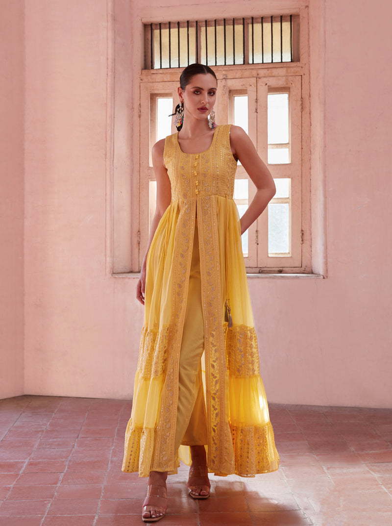 Yellow Full Flared Anarkali Gown In Georgette With Thread And Sequins Embroidery