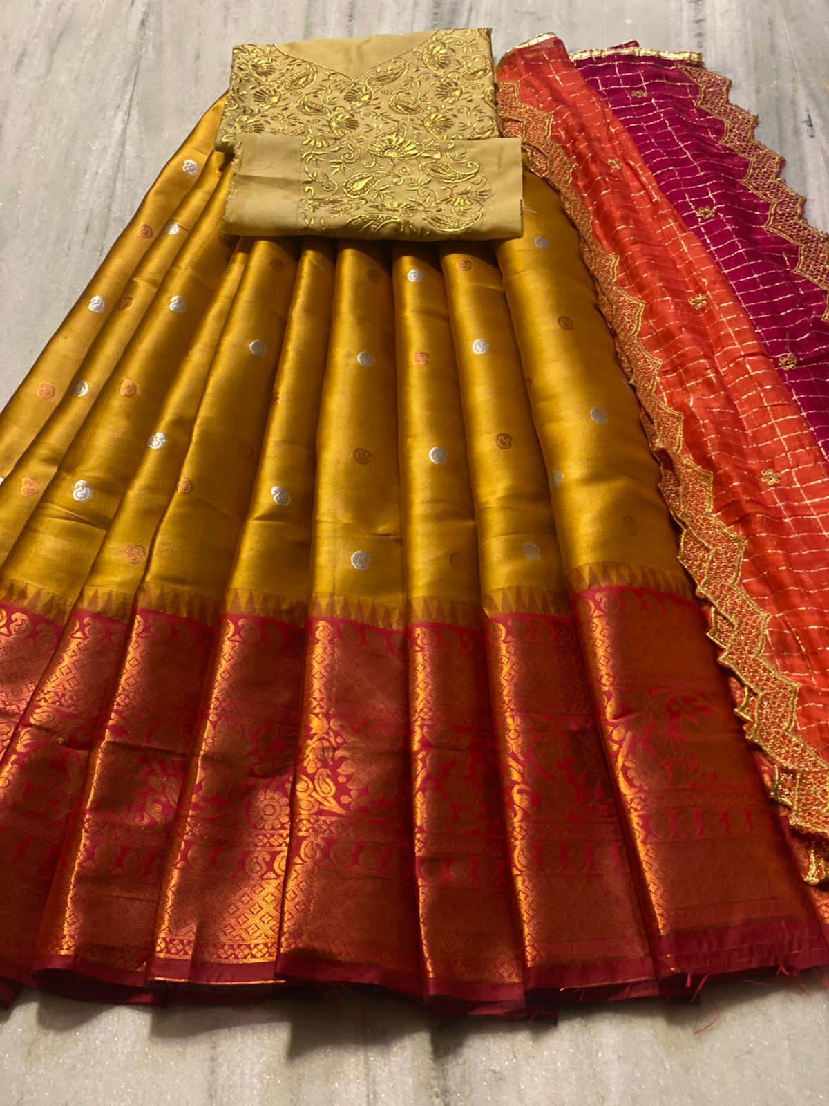 Beautiful Kanjiveram Silk Pure Zari HALF Saree with Blouse Along With Dupptta - Anant Exports
