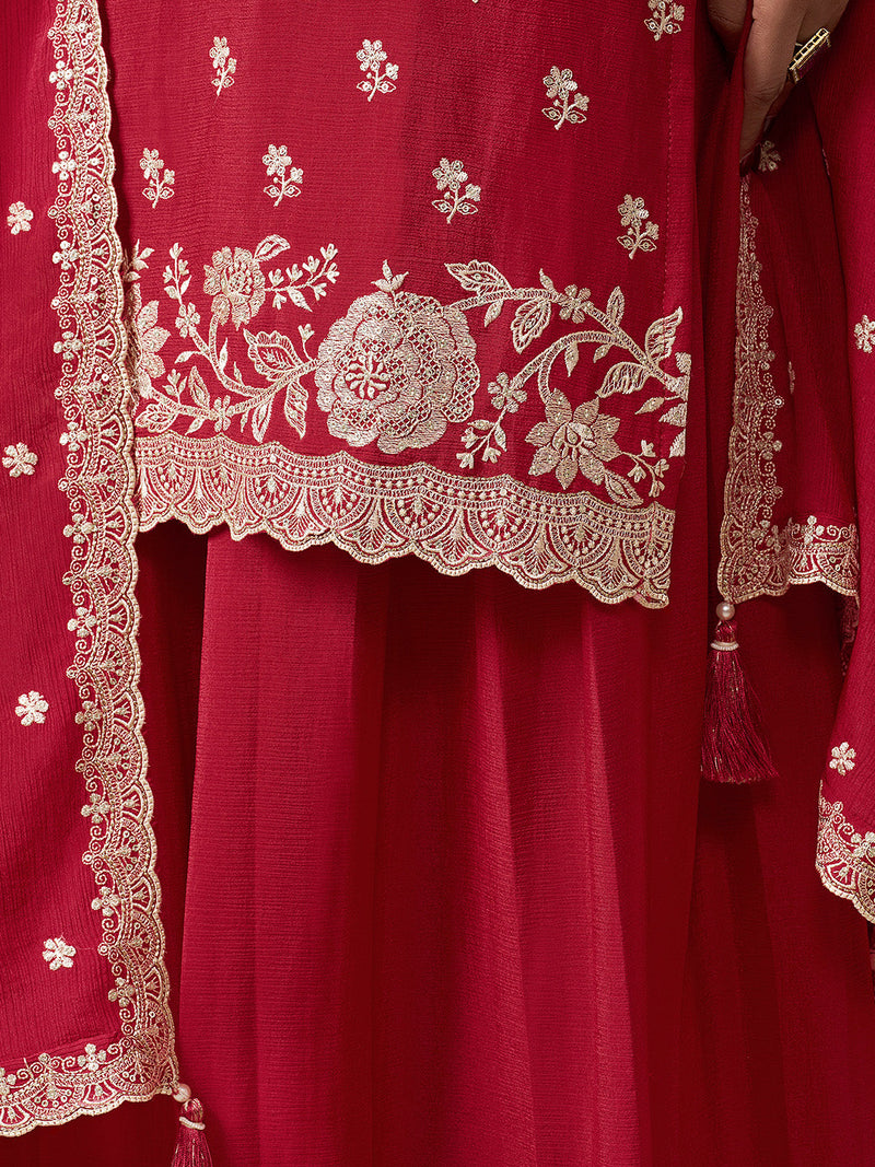 Traditional red sharara suit with Santoon pants and Chinon kurti

