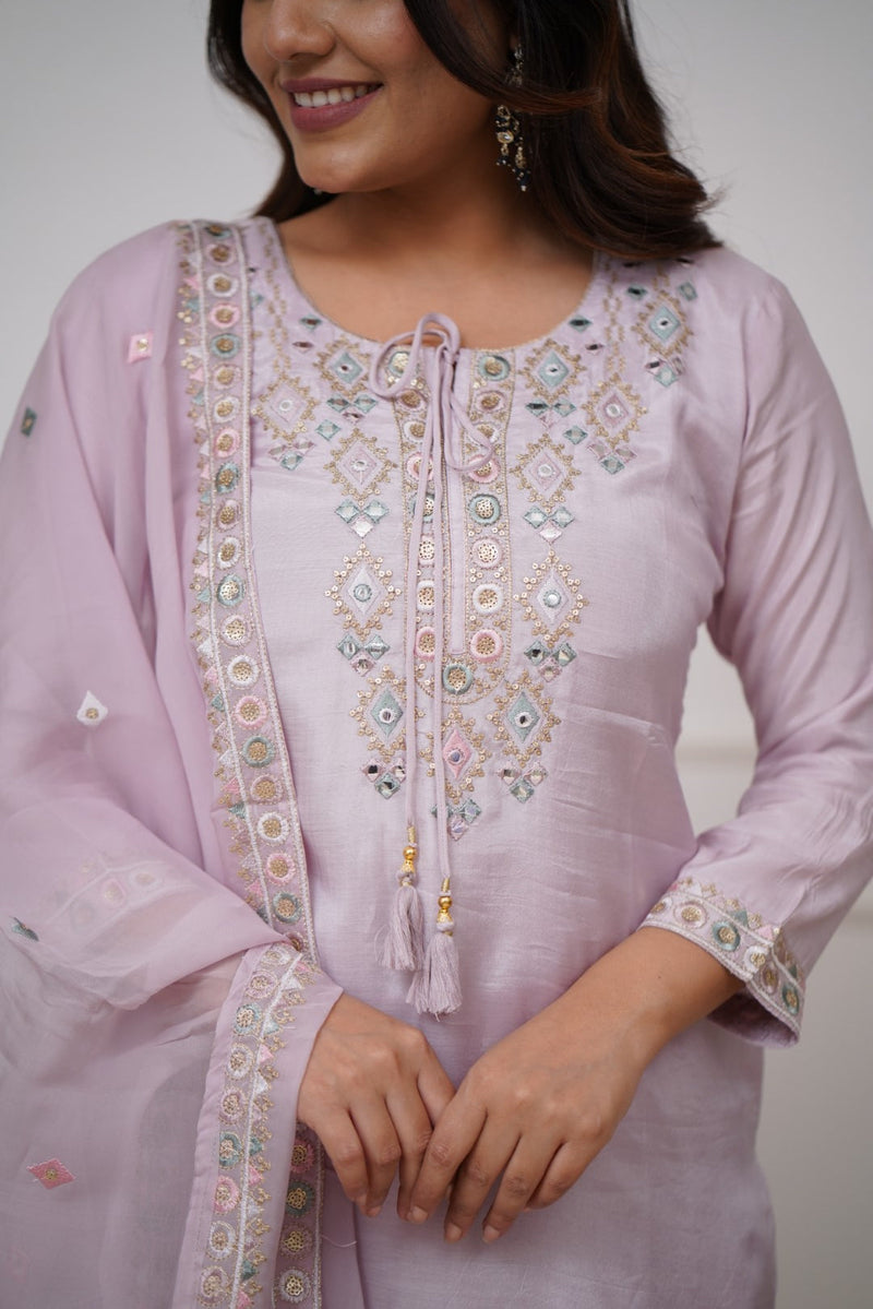 Lilac Viscose Chanderi Kurti Set with Organza Silk Dupatta