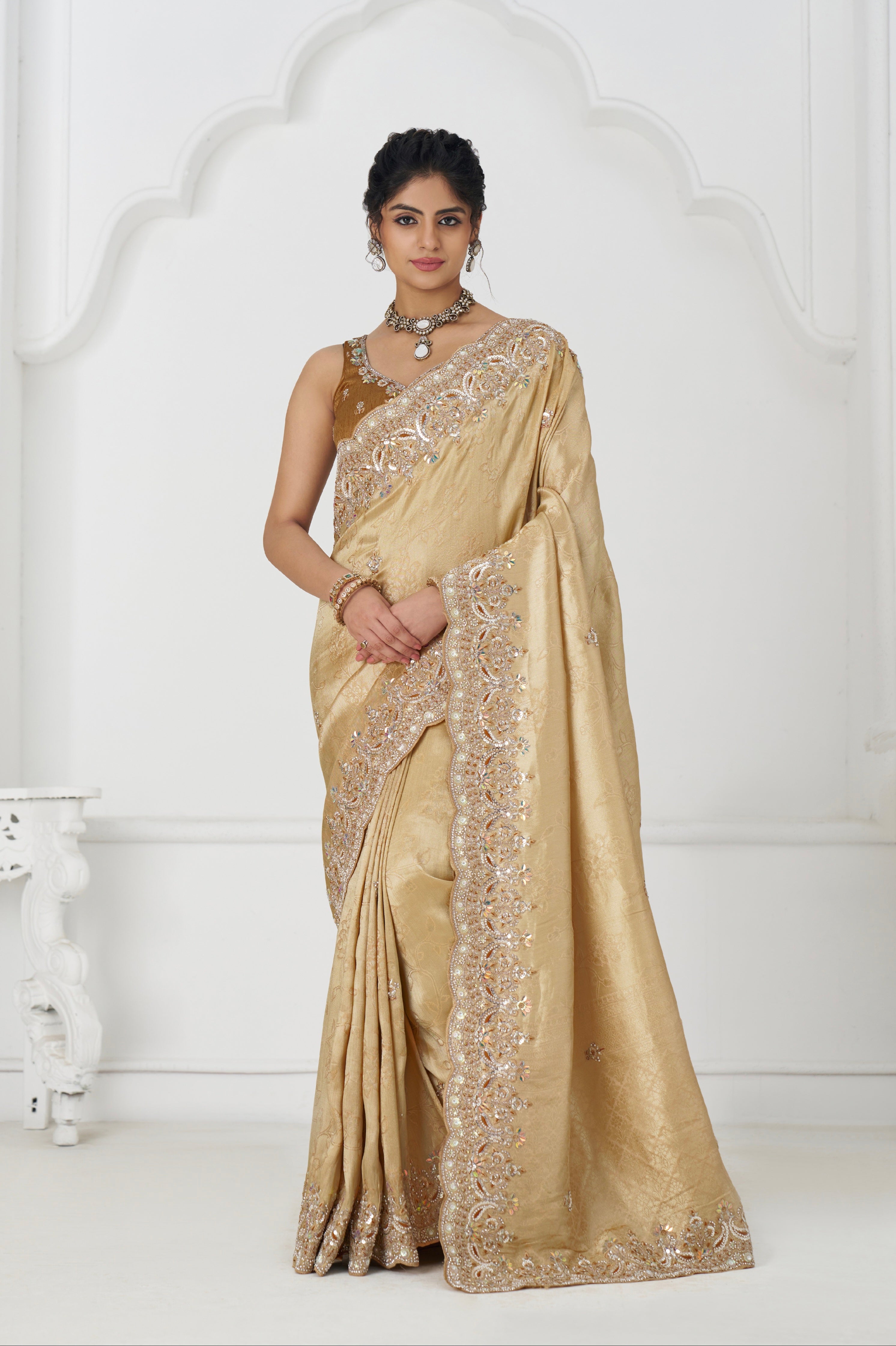 Golden Dola silk saree with bead and sequin embroidery