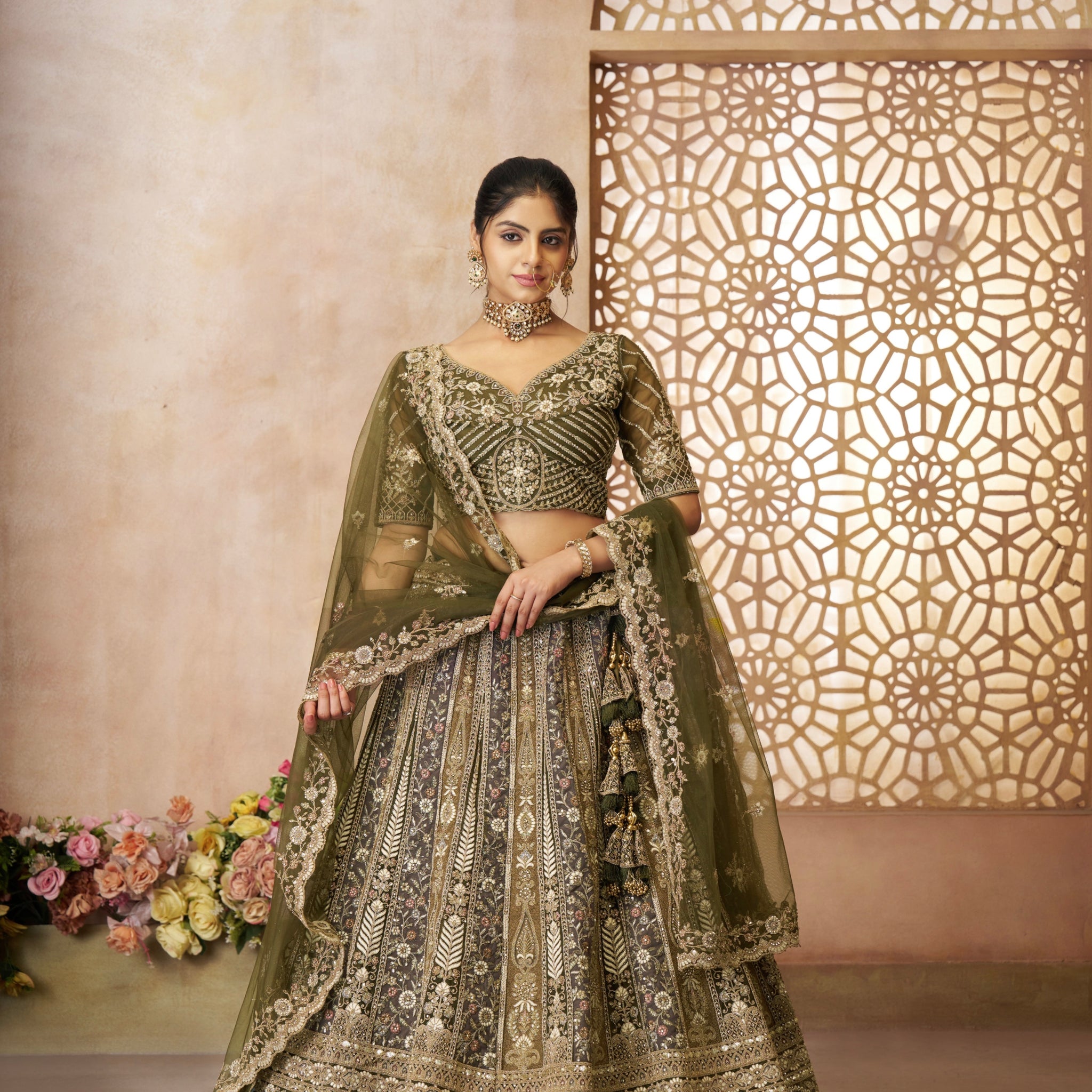 Mehendi green designer bridal lehenga set with intricate zari and sequin work