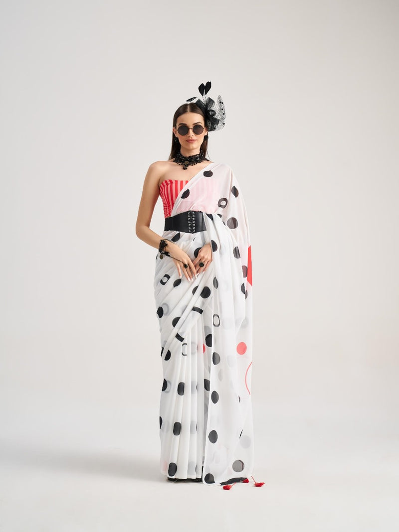Contemporary georgette saree with bold black polka dots