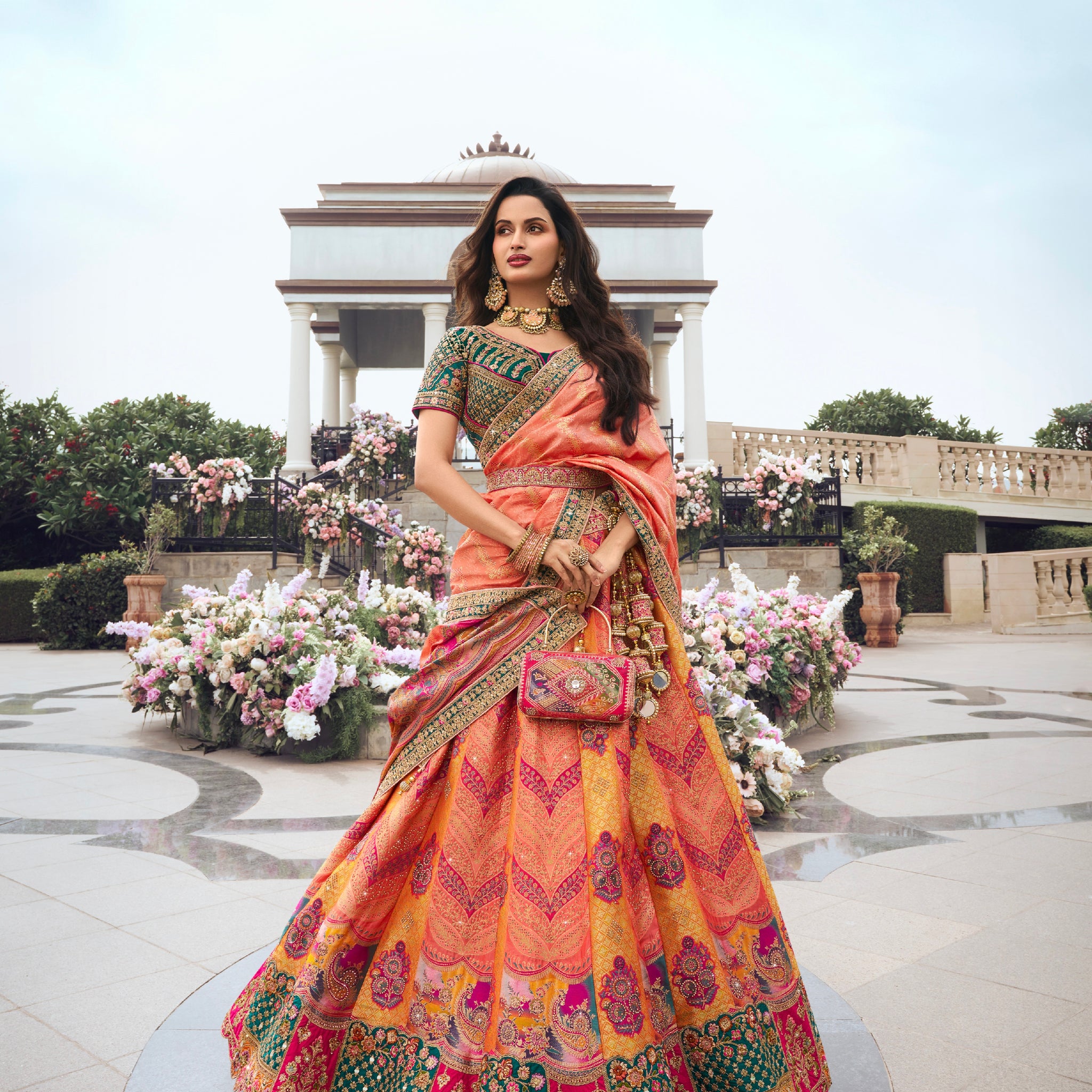 Orange and Green Banarasi Silk Bridal Lehenga with Zarkan Codding