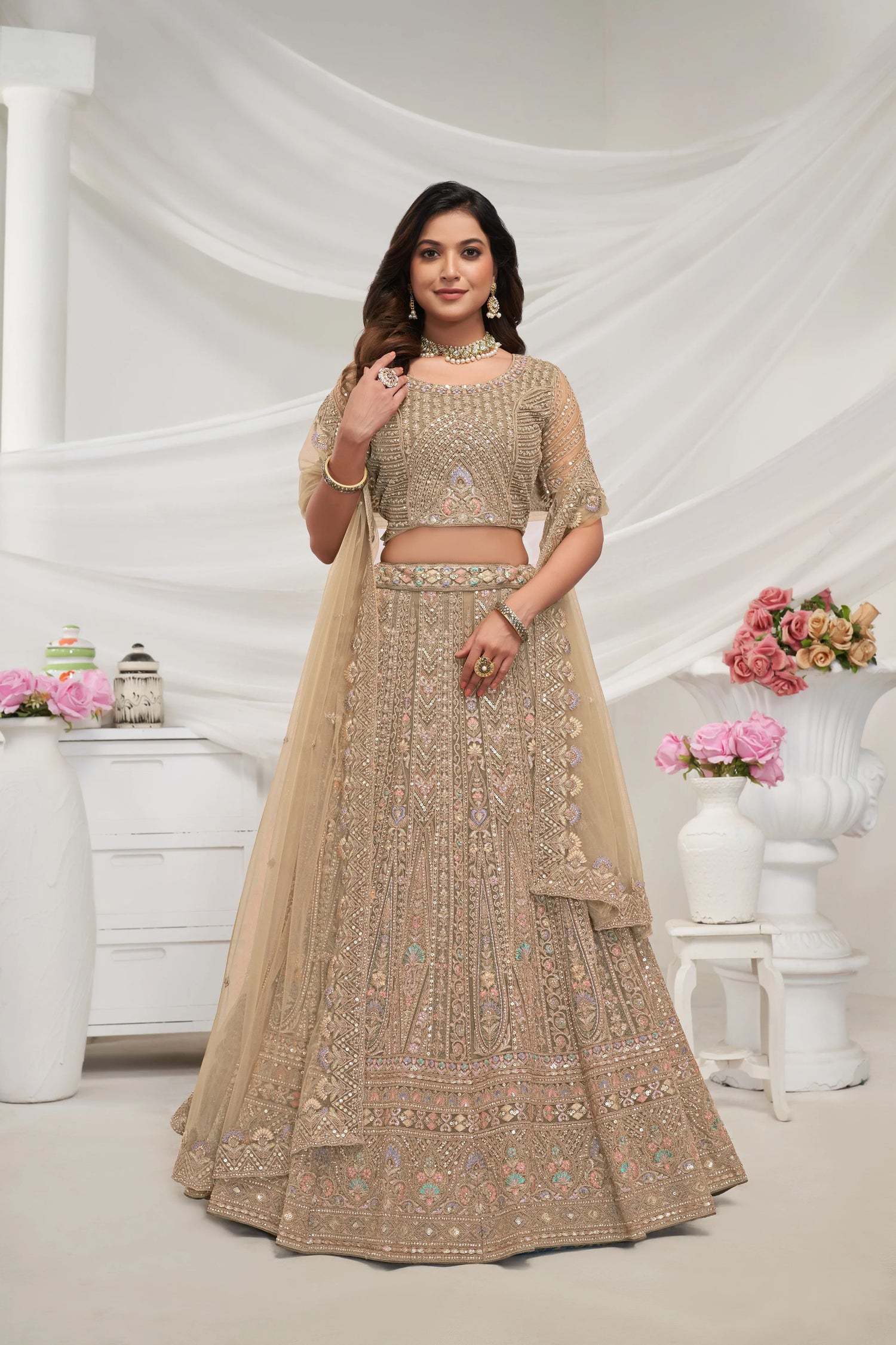 Stunning Golden Semi-Stitched Lehenga with Dupatta &amp; Unstitched Blouse