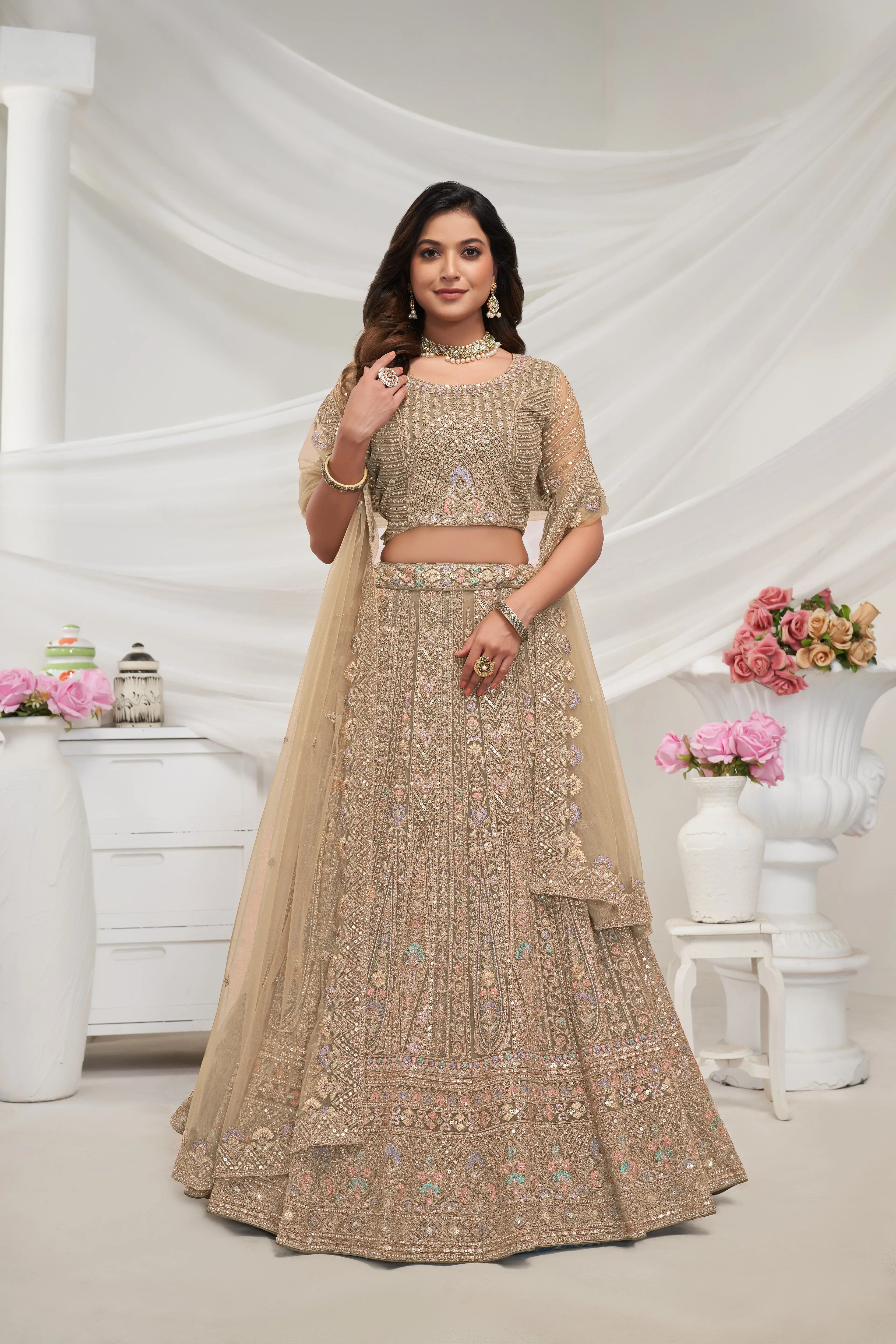 Stunning Golden Semi-Stitched Lehenga with Dupatta &amp; Unstitched Blouse