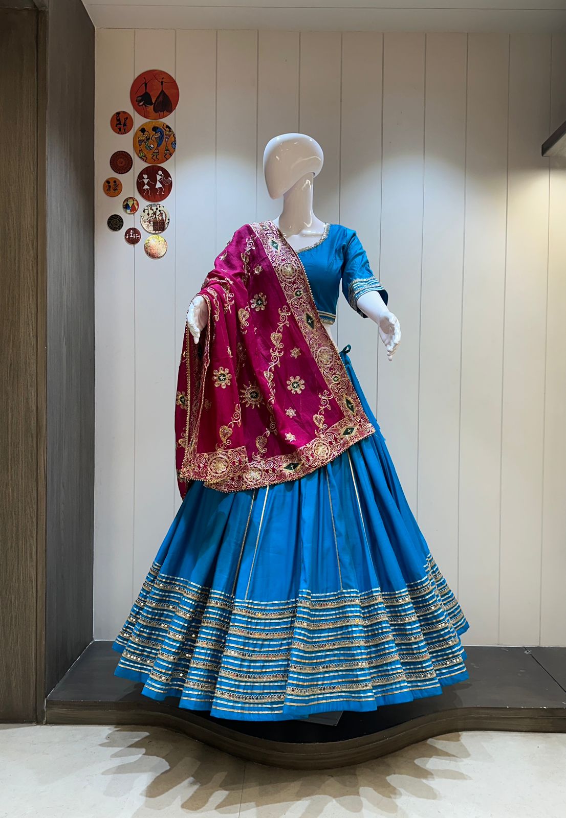 Sky blue chaniya choli with pink dupatta

