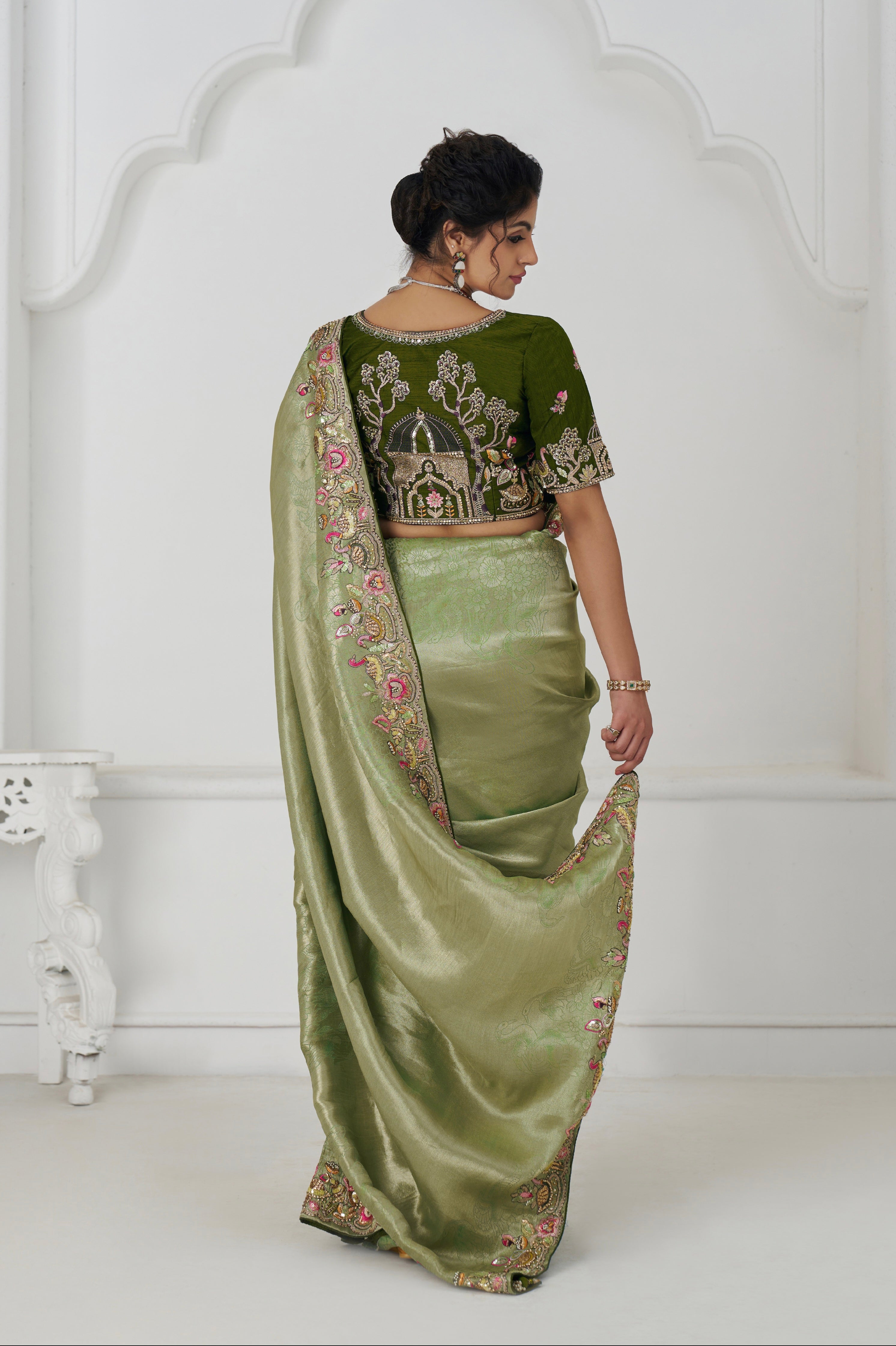 Embroidered olive green saree with matching blouse