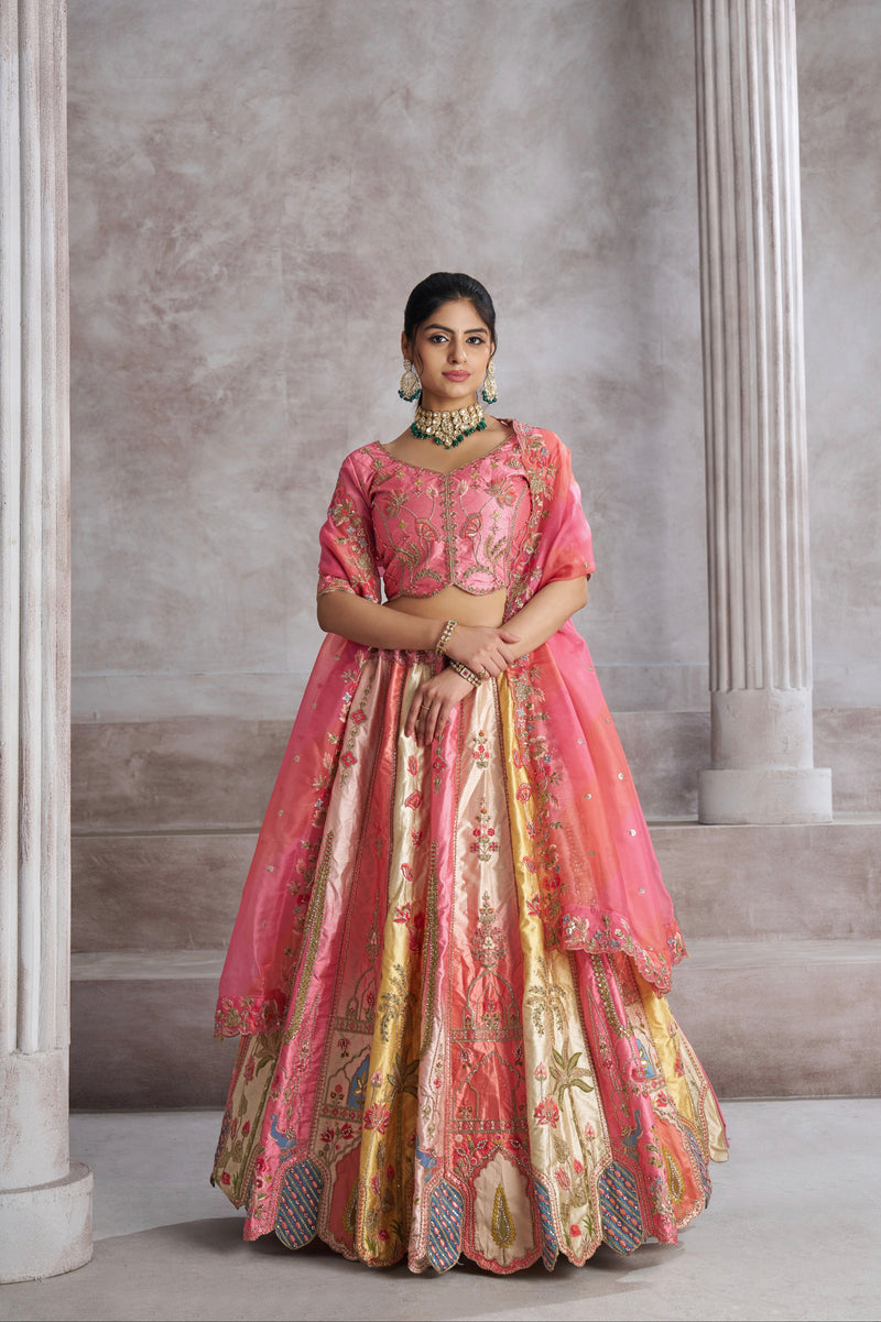 Thread Work Pink Banarasi Silk Lehenga

