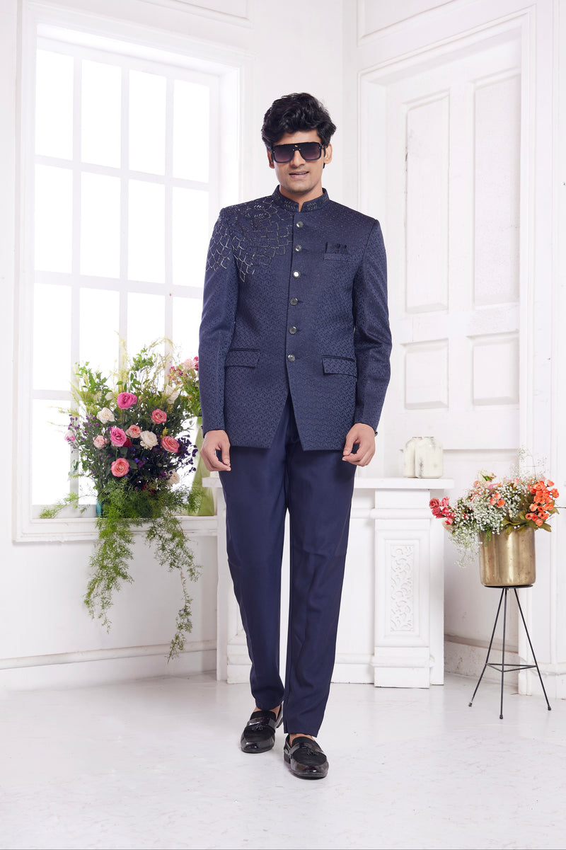 Formal ethnic navy blue jacquard jodhpuri

