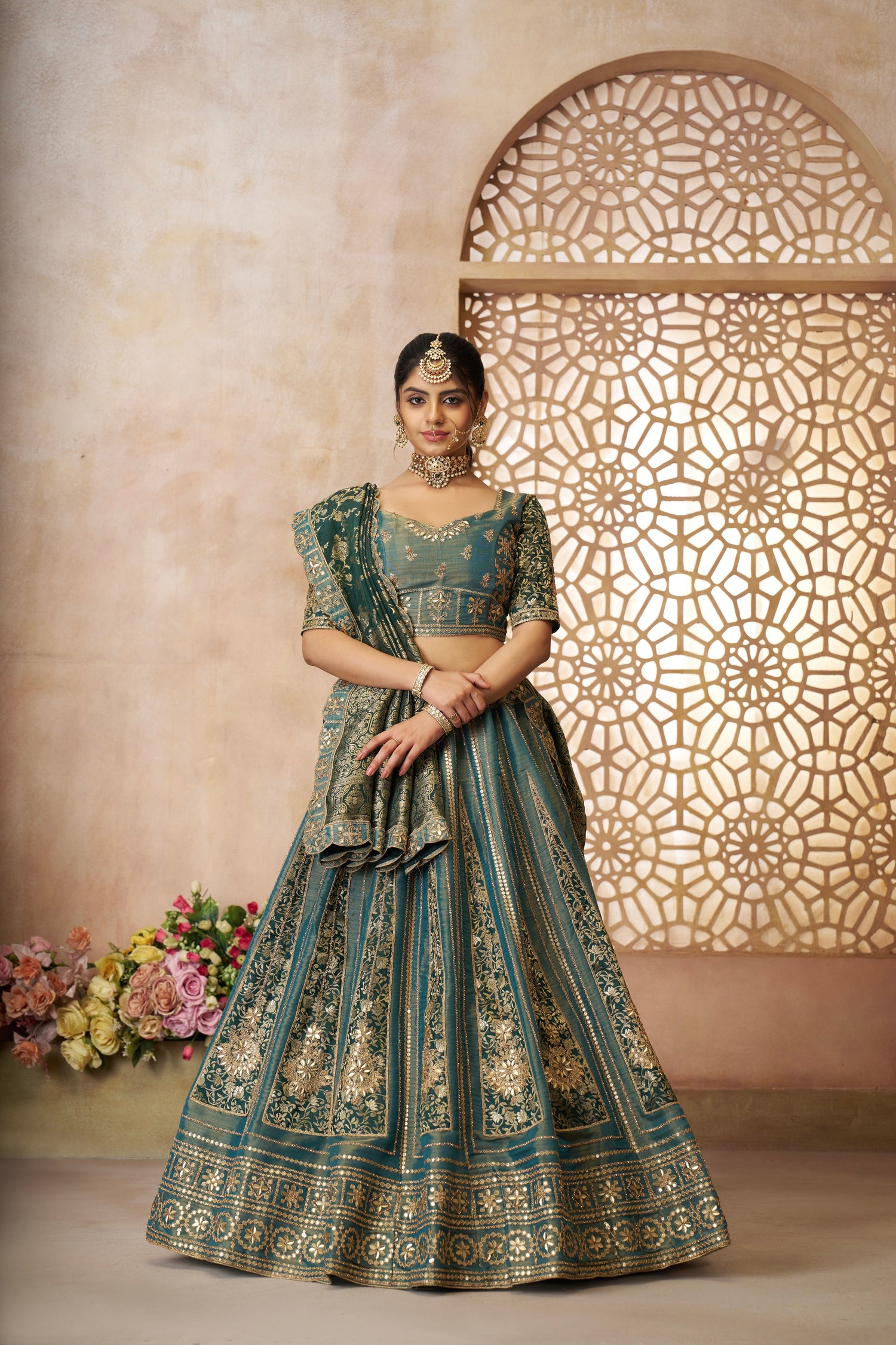Green tissue bridal lehenga with jacquard dupatta

