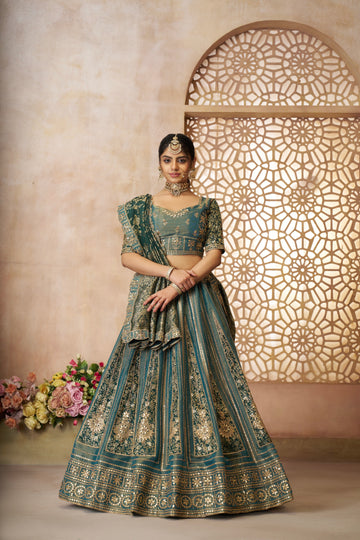 Green tissue bridal lehenga with jacquard dupatta

