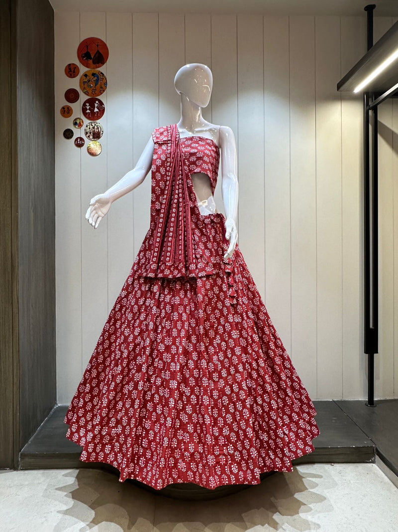 Red Traditional Kali Print Cotton Chaniya Choli for Garba 2025

