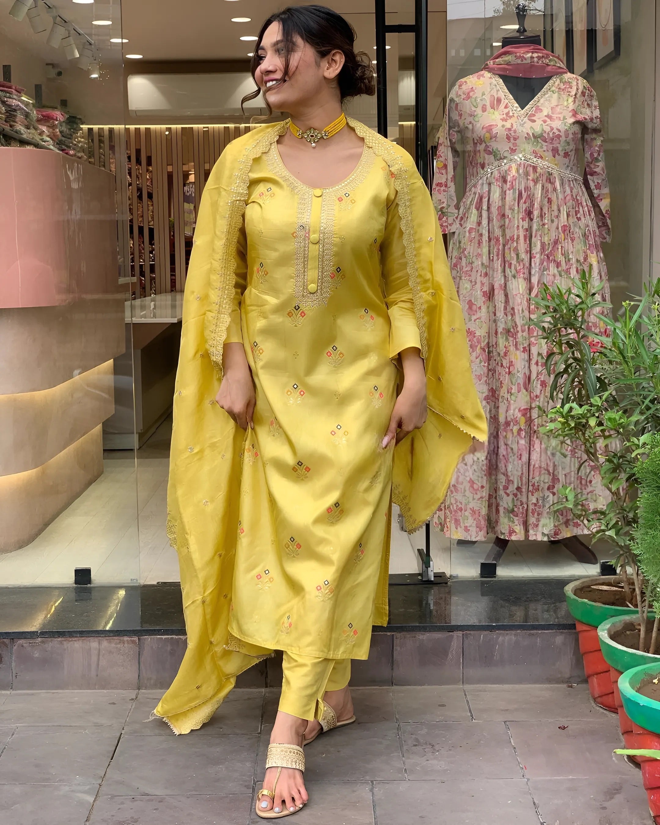 Yellow Viscose Chanderi Kurti Set with Organza Tebby Dupatta