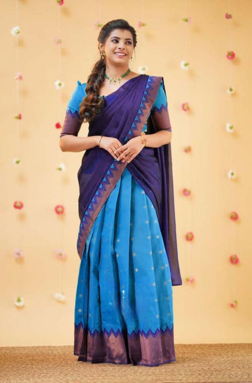 Beautiful Kanjiveram Silk Pure Zari HALF Saree with Blouse Along With Dupptta