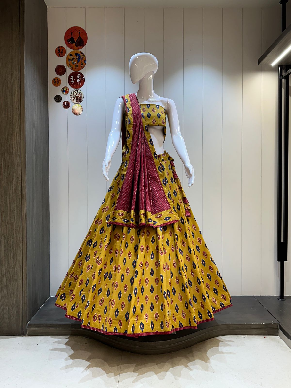 Mustard yellow ikkat print chaniya choli for navratri

