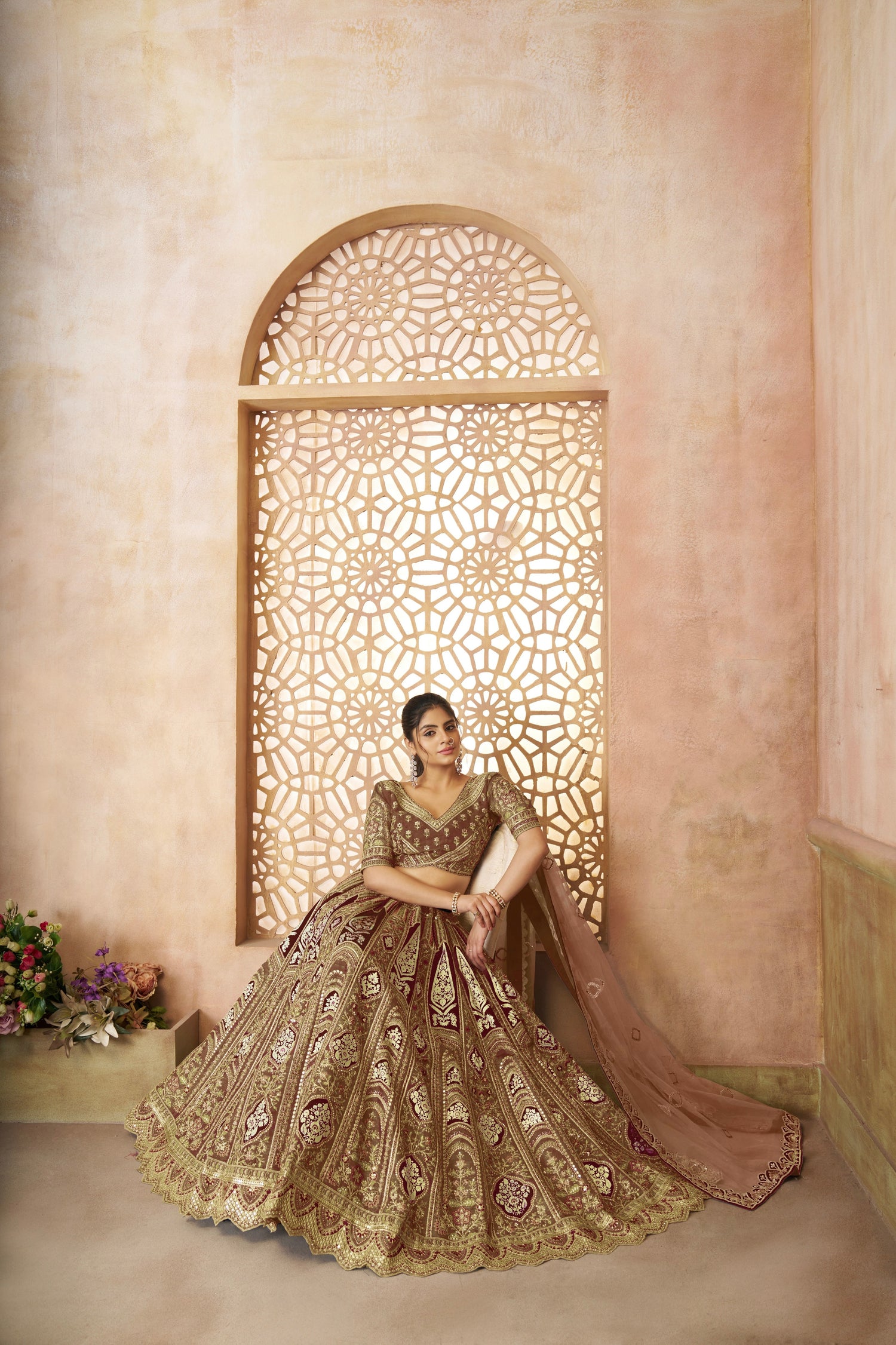 Brown Banarasi Silk Lehenga with Aari Embroidery &amp; Dupatta