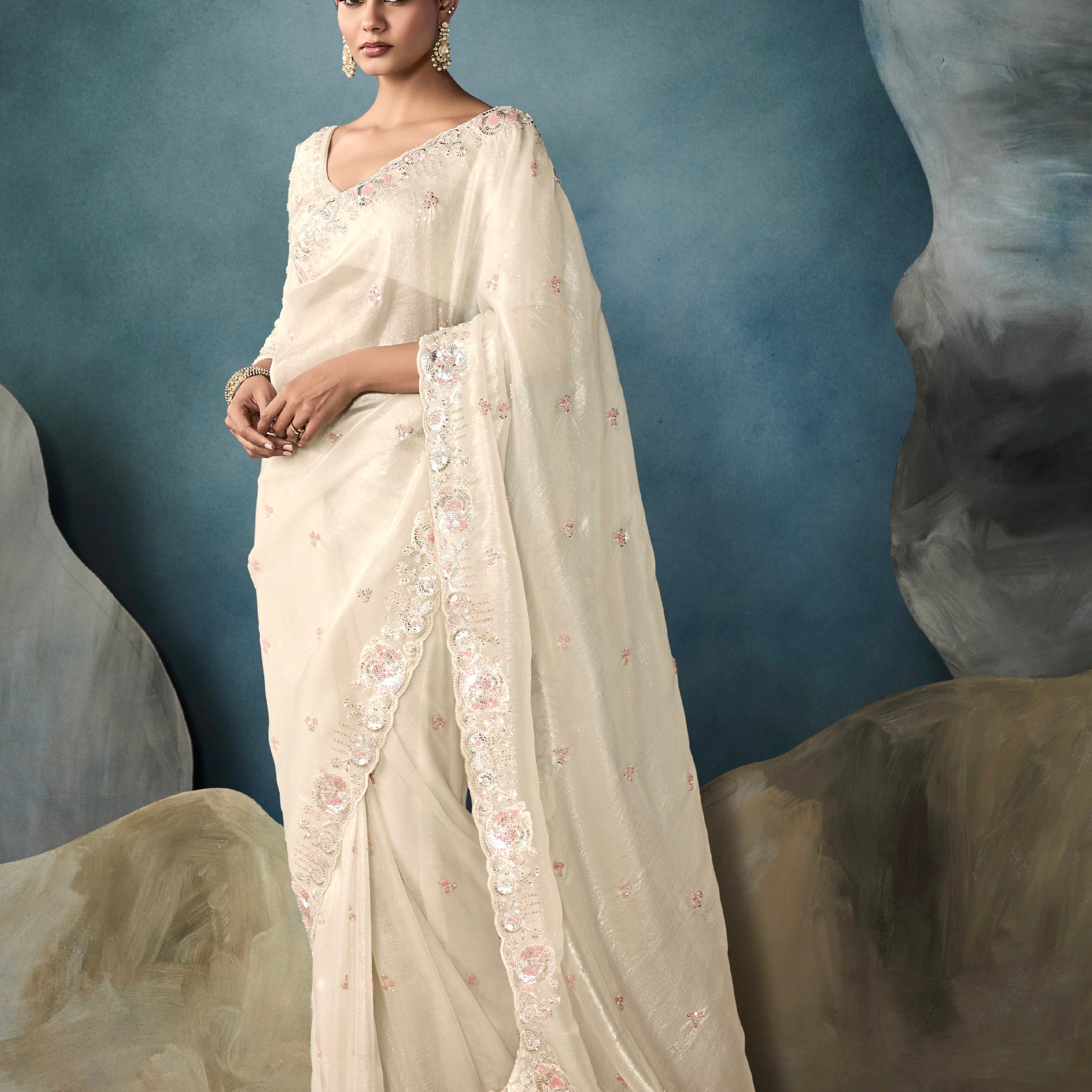 Off-white tissue saree with hand embroidery and designer border

