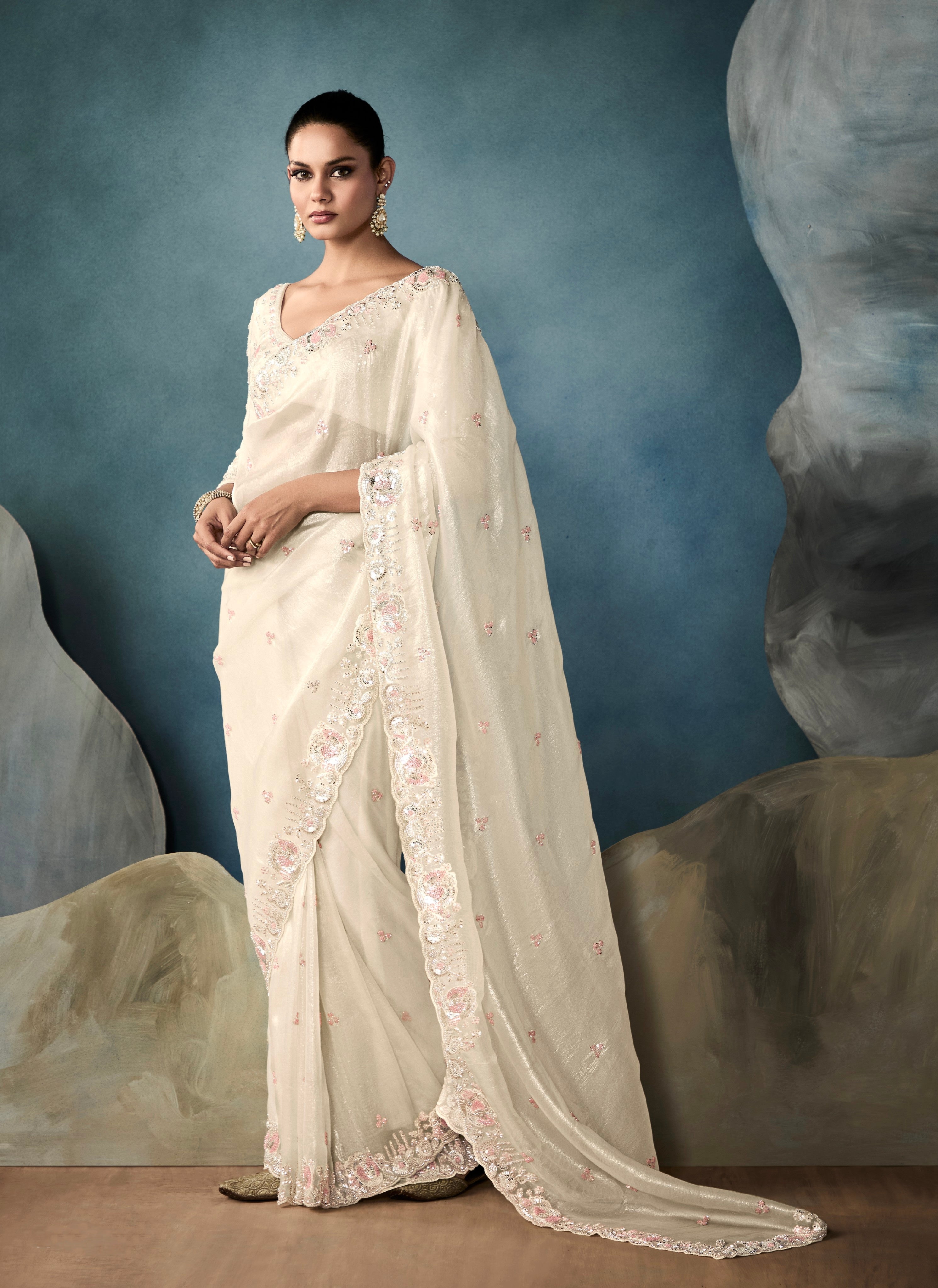 Off-white tissue saree with hand embroidery and designer border

