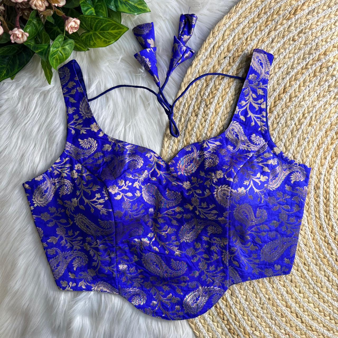 Readymade Pure Soft Banarasi Silk Tricot Fuising Corset Style Blouse ##color## Sleeveless Blouse with premium fabric and embroidery