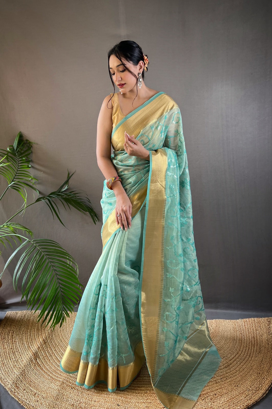 Beautiful Party Wear Zari Tissue With Sequen Work Saree