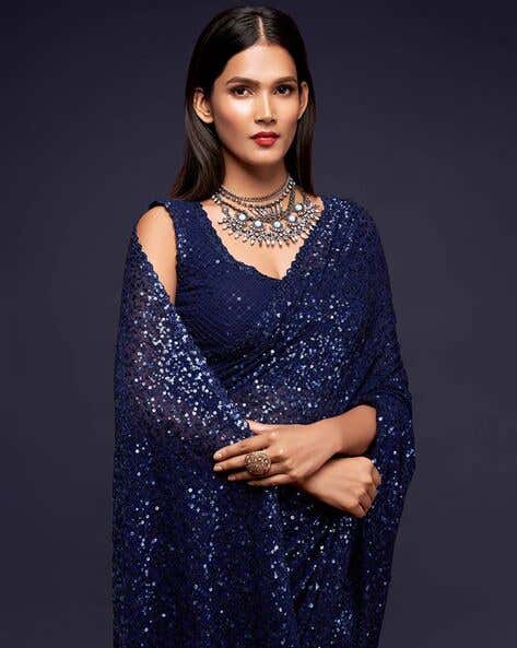 Blue Pure Chiffon Sequins Embroidery Work Ready to Wear Saree ##color## Chiffon Sarees with premium fabric and embroidery