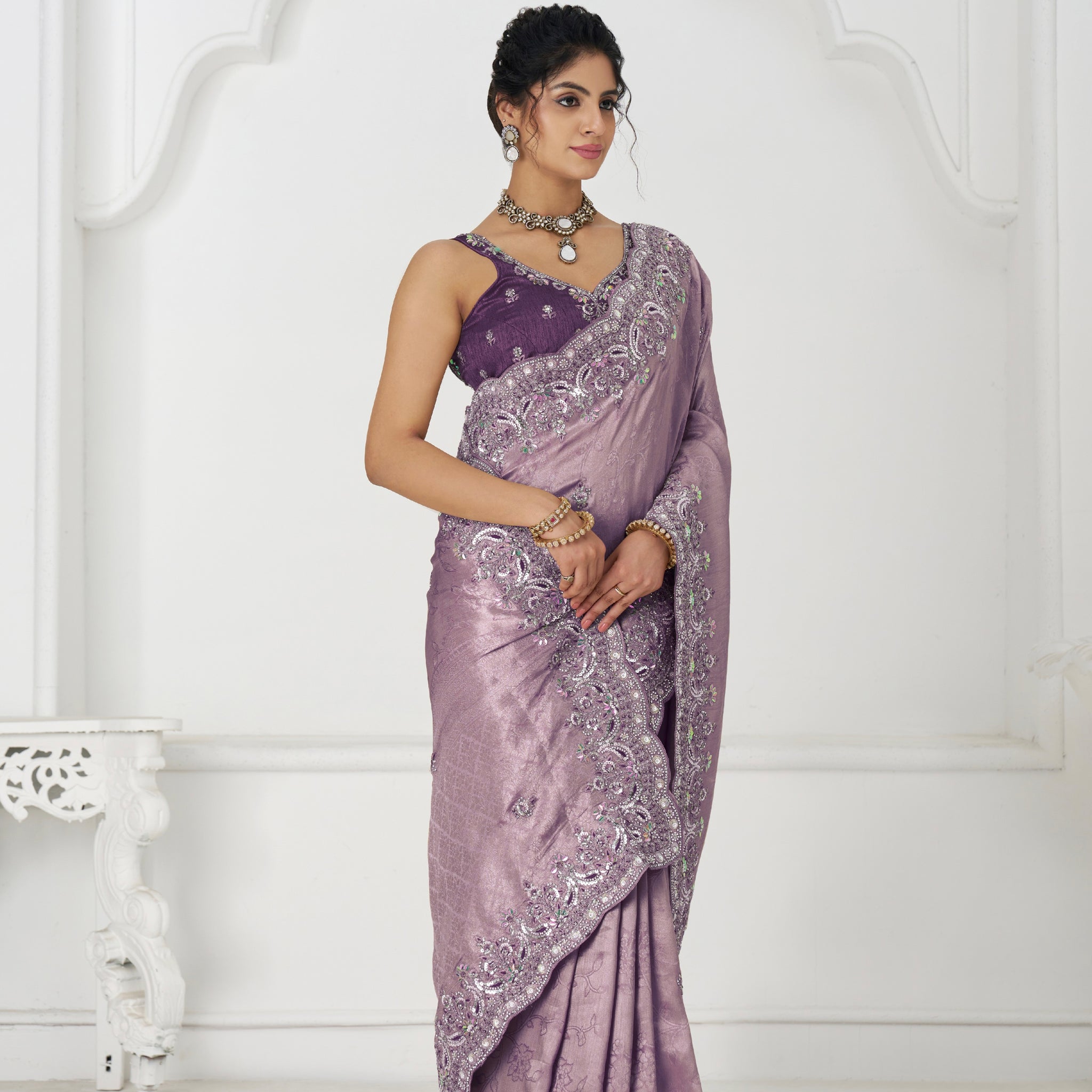 Mauve Dola silk saree with sequin and bead embroidery