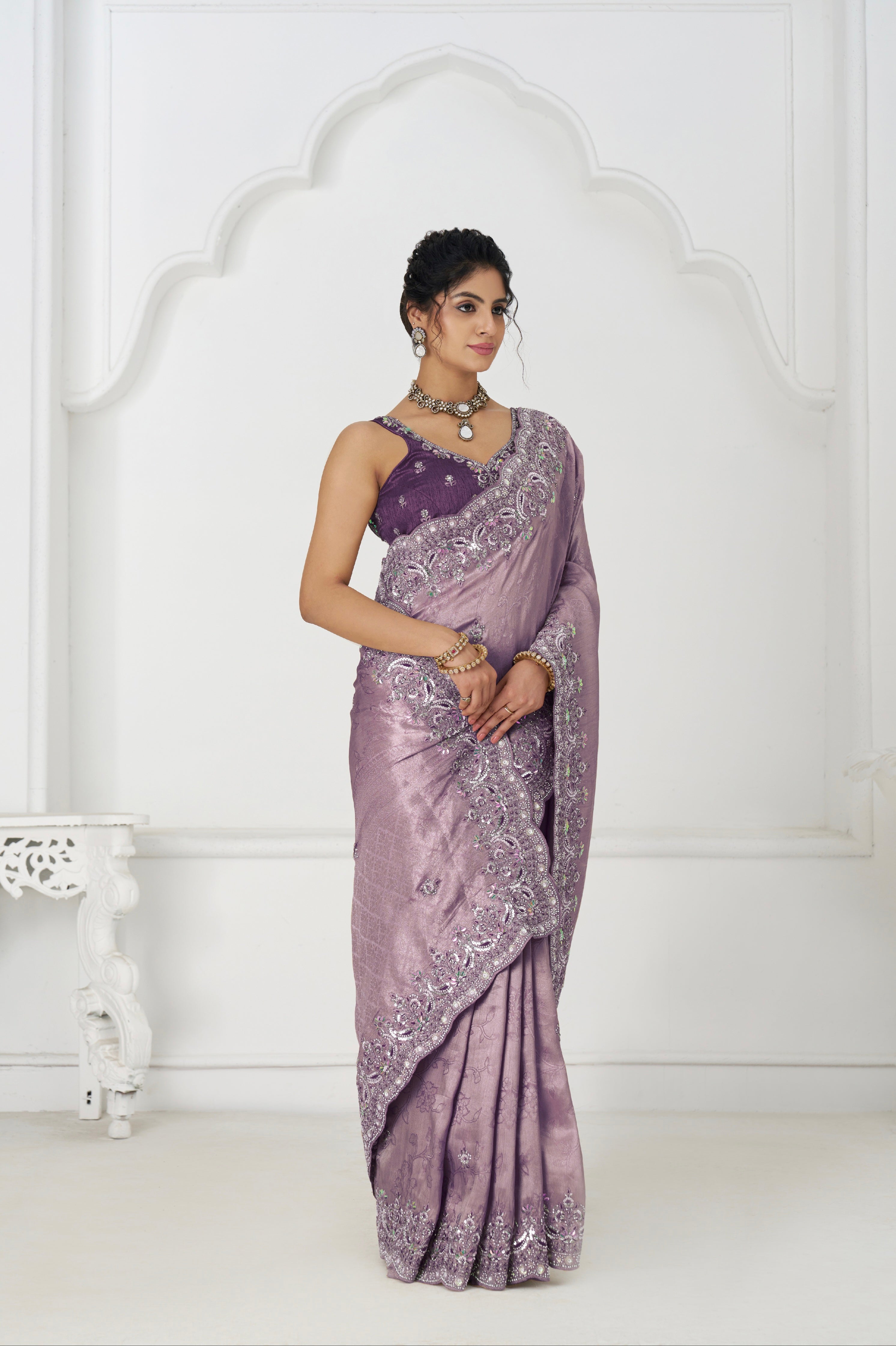Mauve Dola silk saree with sequin and bead embroidery