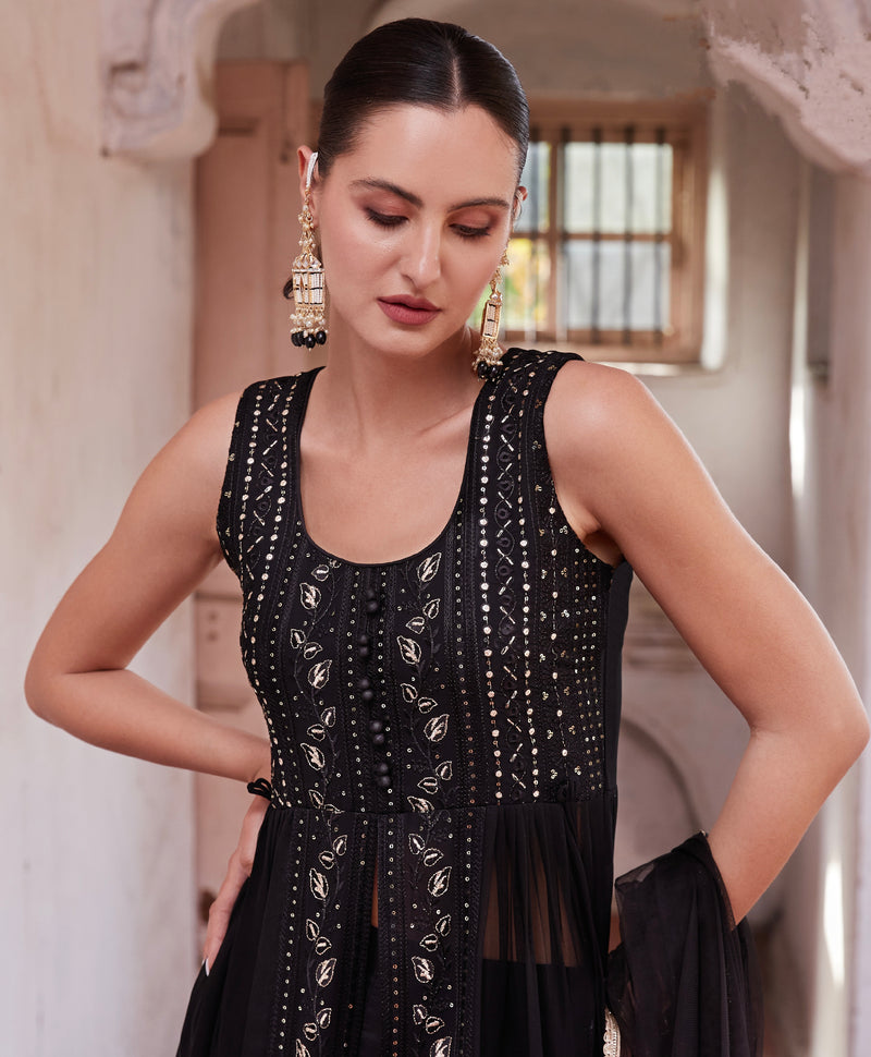 Black Anarkali Gown In Georgette With Zari Embroidery