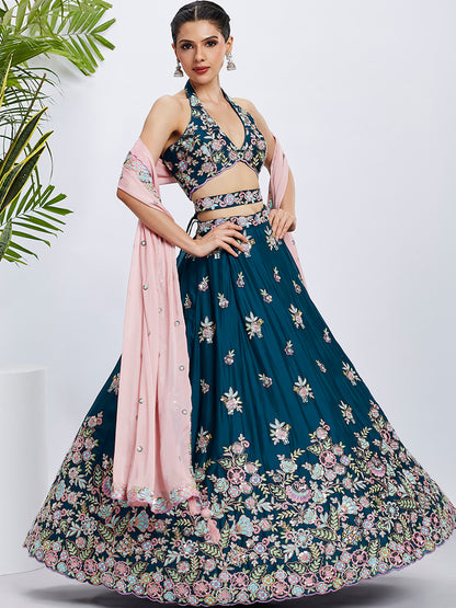 Teal Georgette Sequins and Thread Embroidery Lehenga Choli &amp; Dupatta