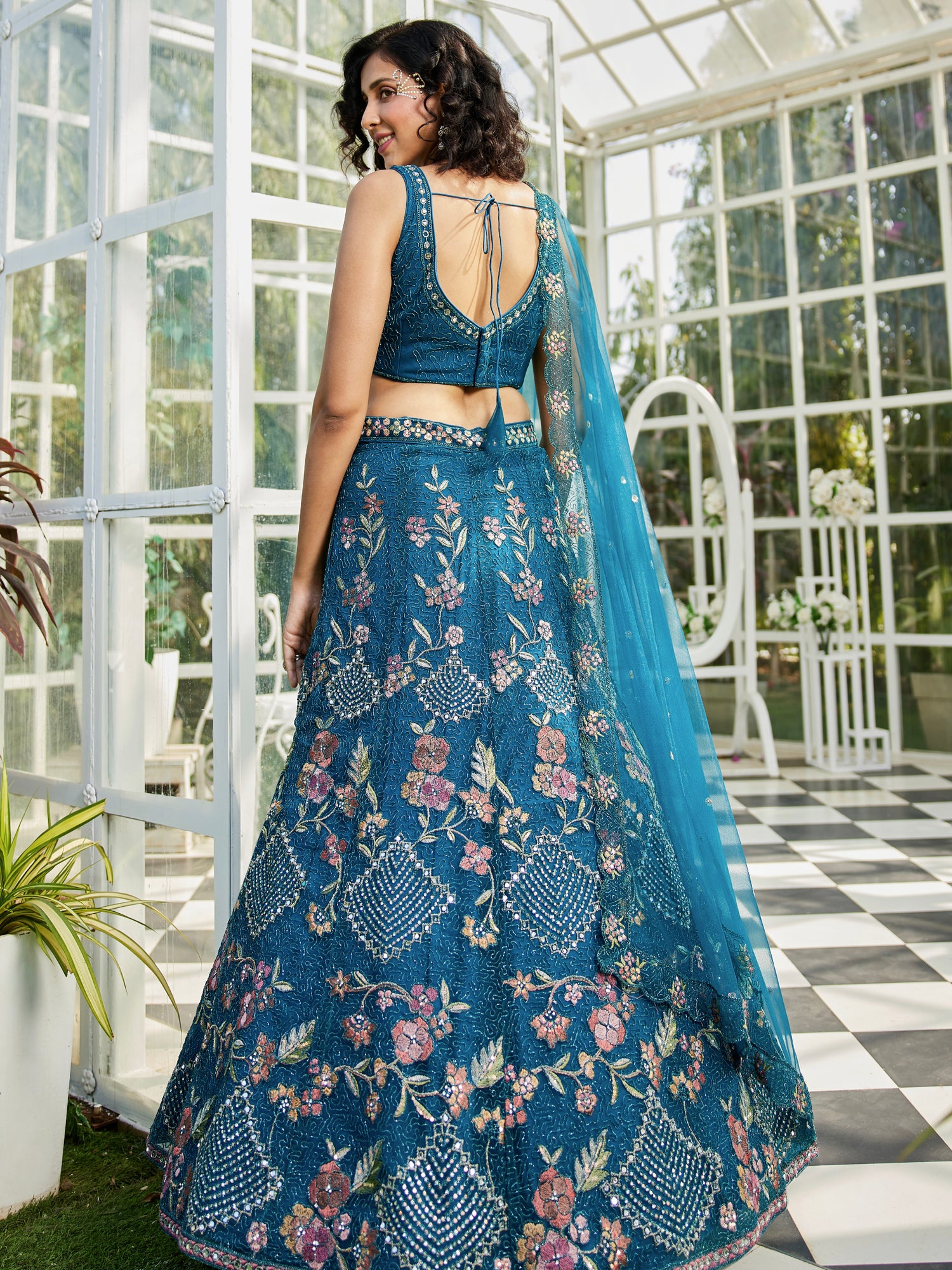 Navy Blue Net Embroidered Net Lehenga with Sequins &amp; Zarkan Work
