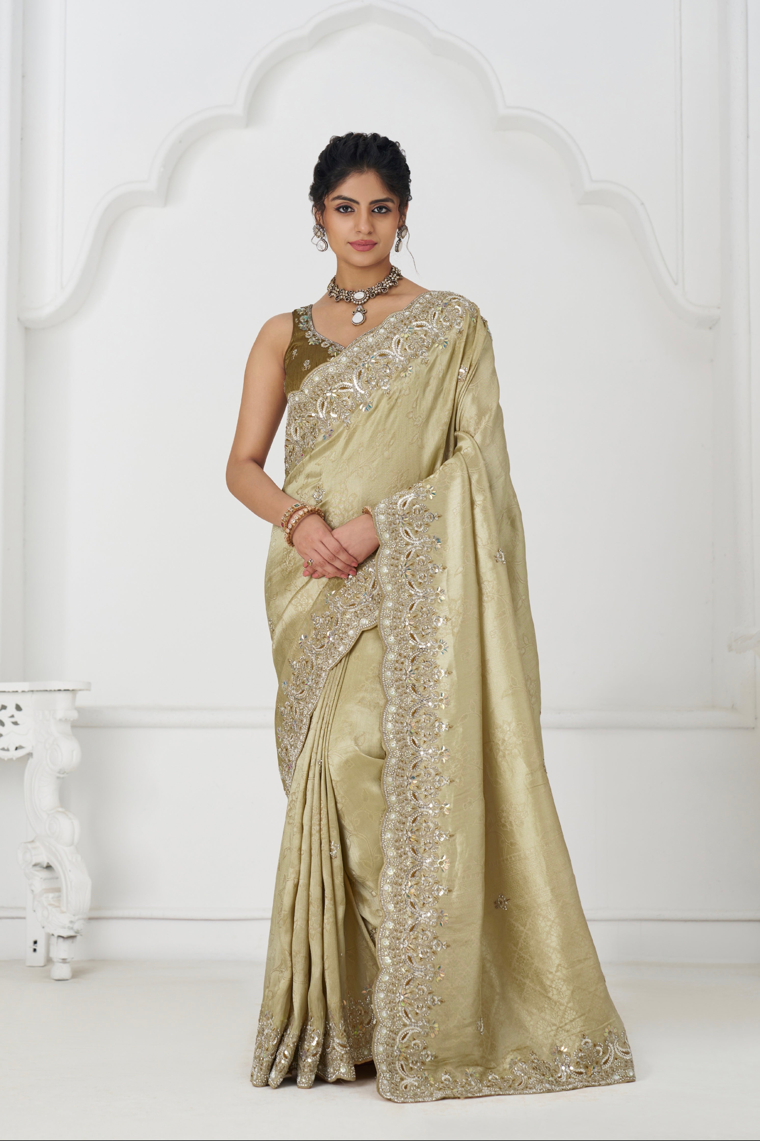 Designer chiku color saree for festive and wedding wear