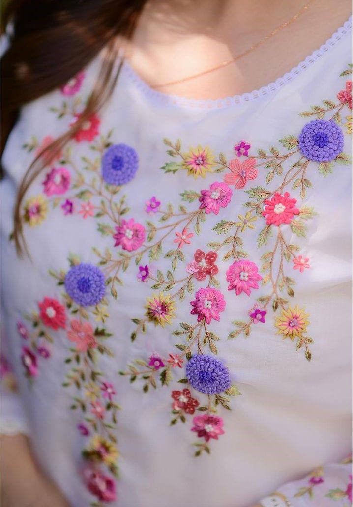White Georgette Kurti Set with Floral Embroidery & Dupatta