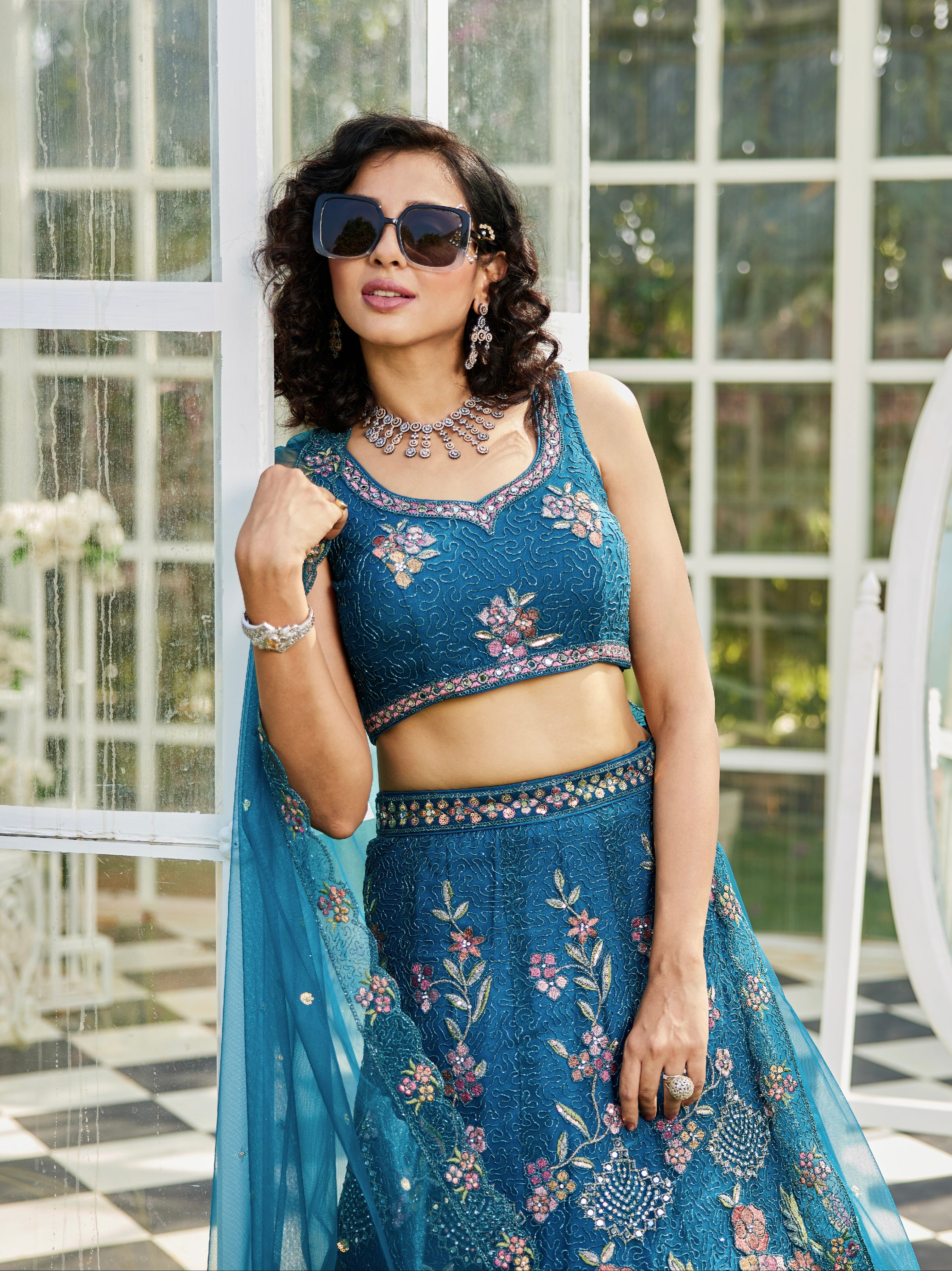 Navy Blue Net Embroidered Net Lehenga with Sequins &amp; Zarkan Work