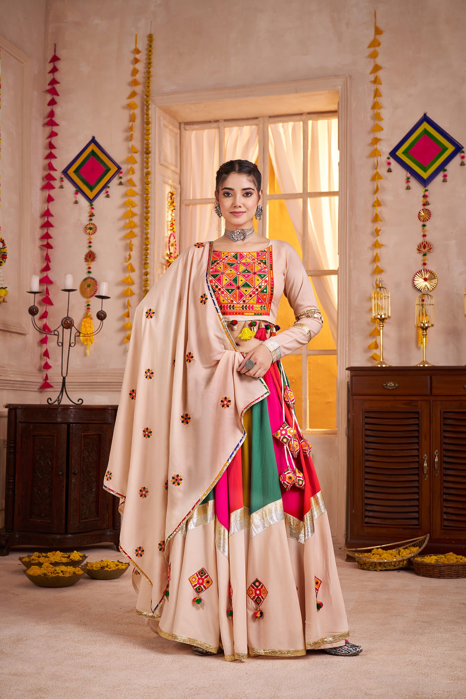 Beige Multicolor Navratri Chaniya Choli with Mirror Embroidery