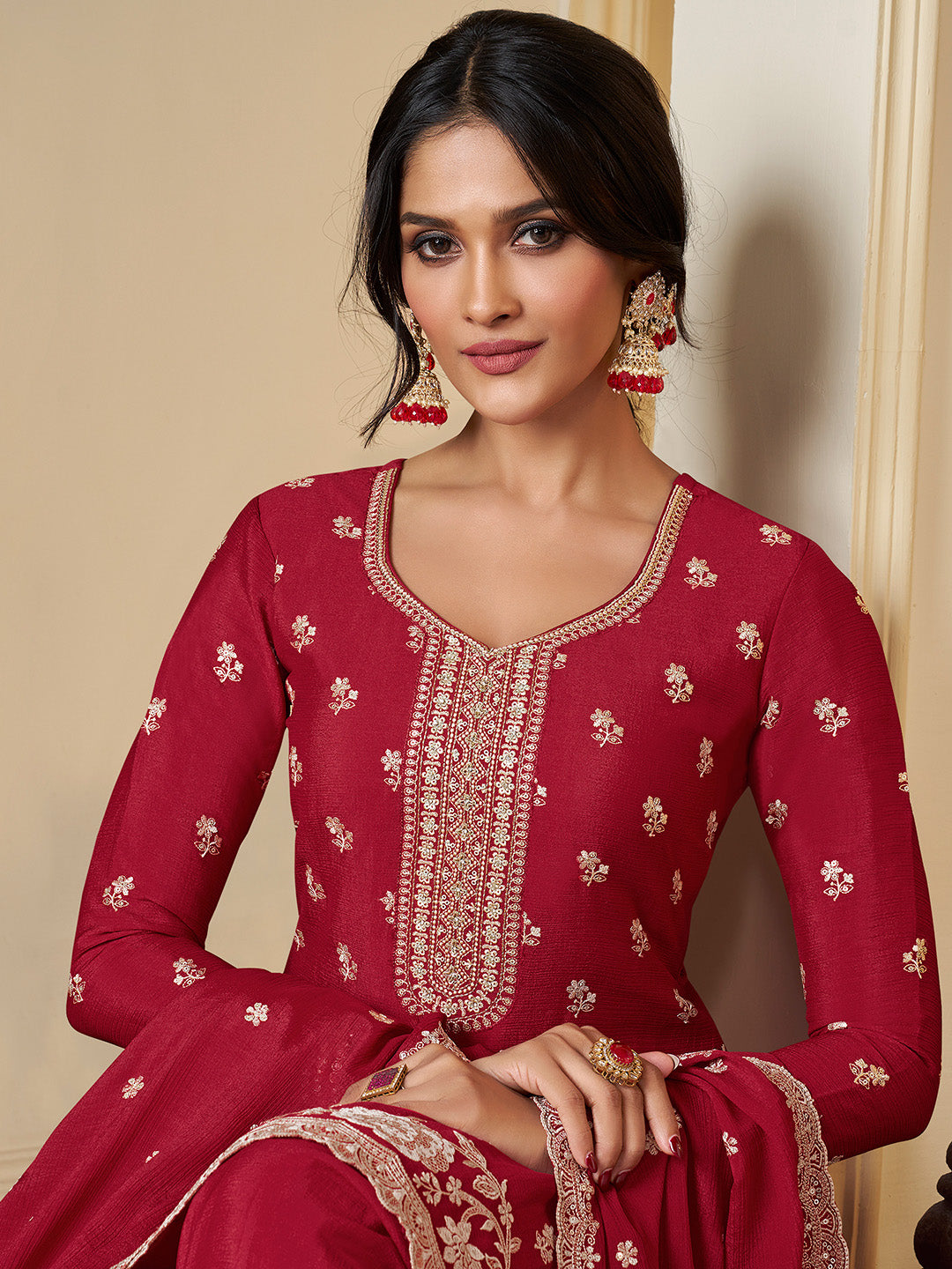Red Chinon sharara suit with white thread embroidery

