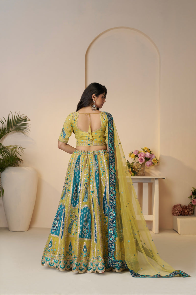 Wedding Banarasi silk lehenga in mustard yellow