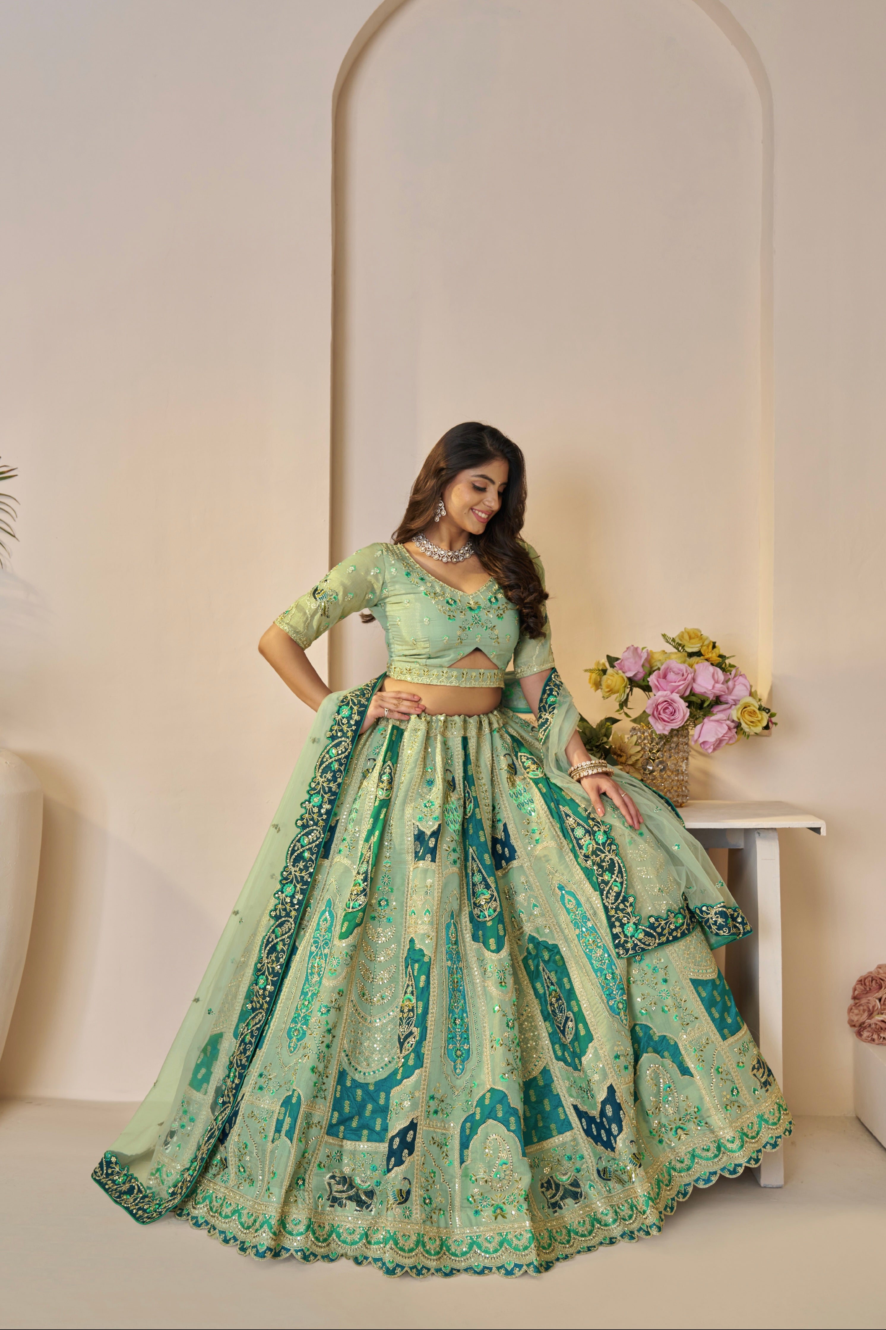 Green Banarasi Silk Lehenga Choli Set