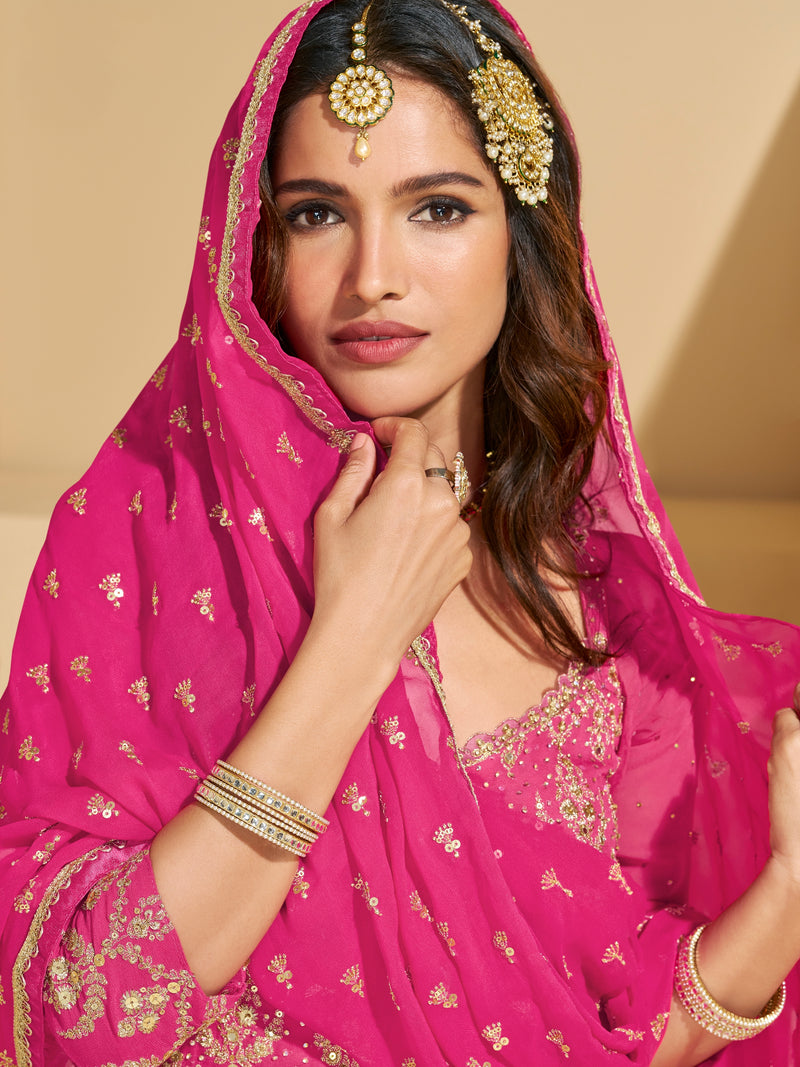 Hot Pink & Orange Heavy Embroidered Georgette Sharara Suit