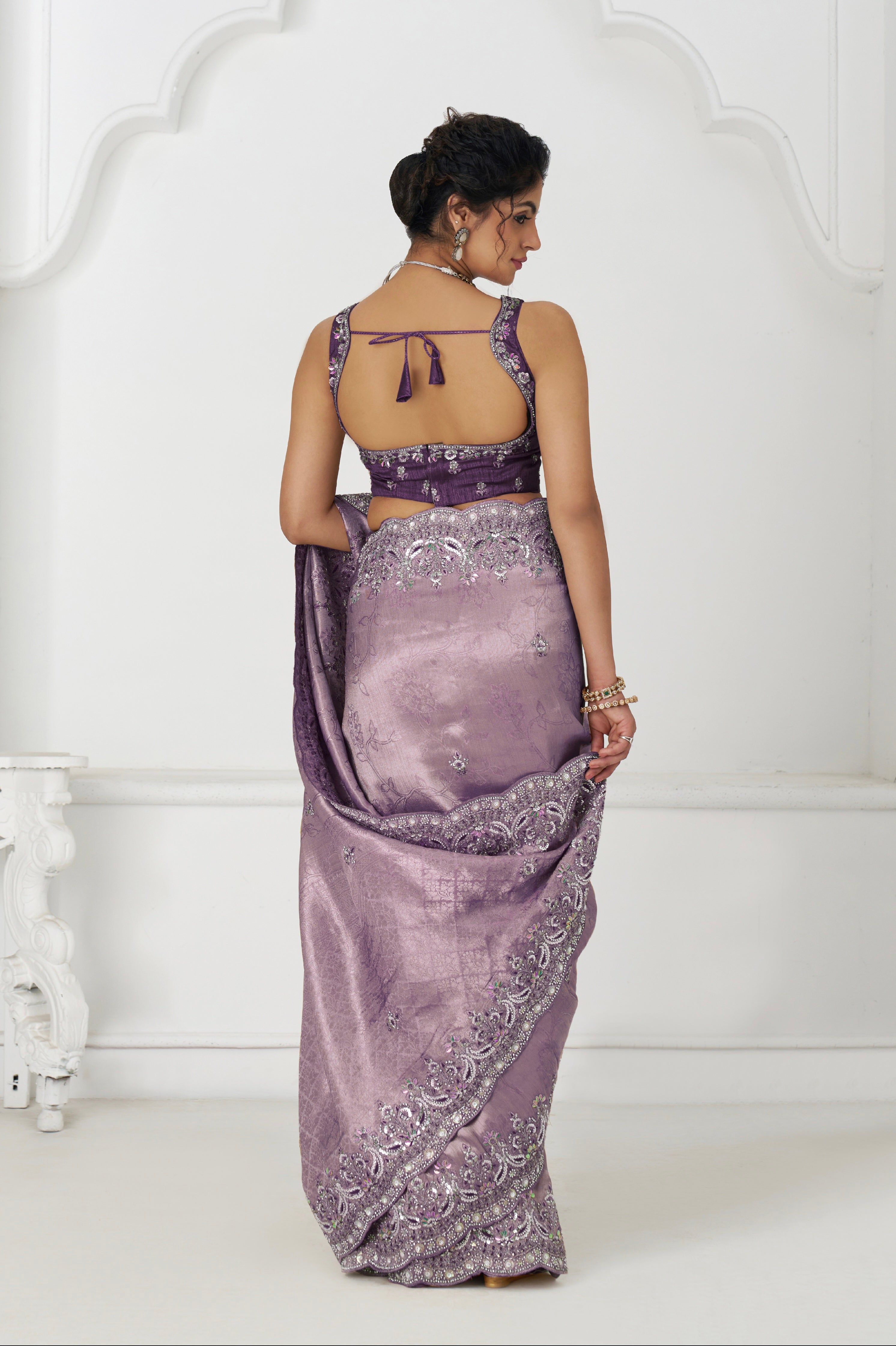 Mauve bridal saree in Dola viscose silk with heavy border