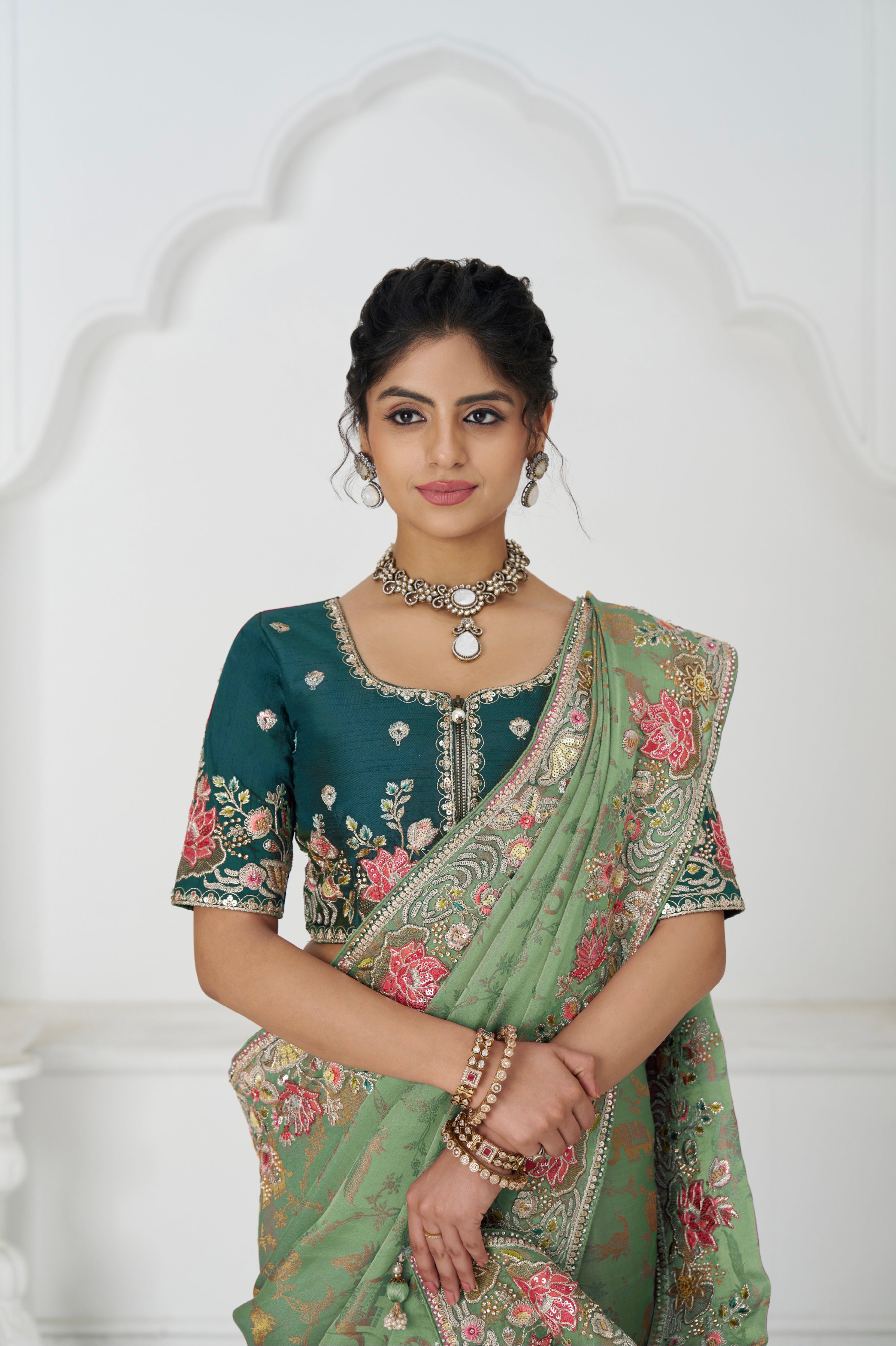 Traditional green saree with matching blouse piece