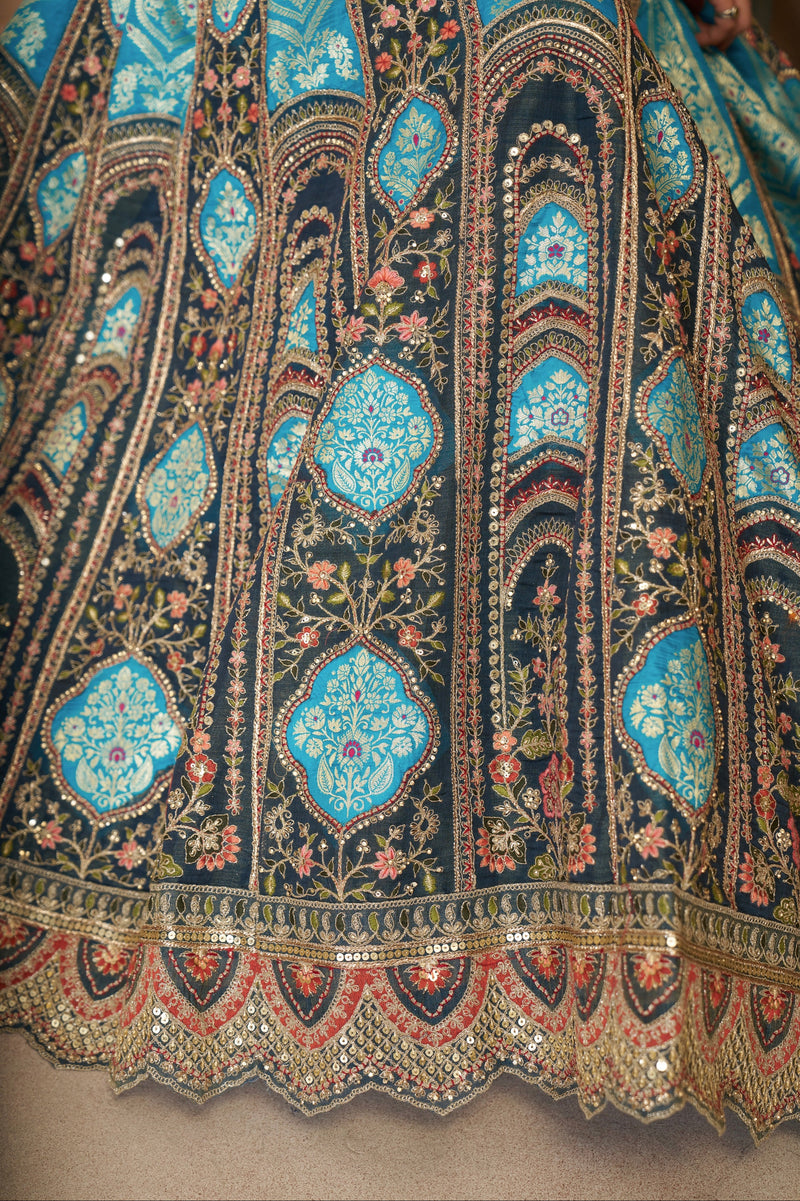 Traditional blue bridal lehenga with floral motifs