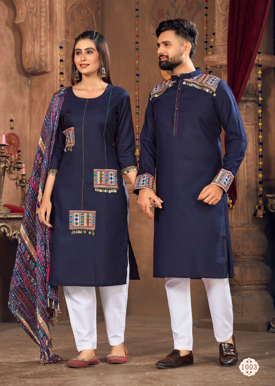 Navratri Special Couple combo of Kurta with Pajama &amp; Kurti with Pants &amp; Dupatta Dress - Anant Exports