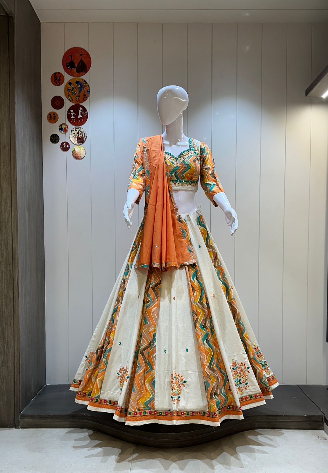 Orange green mirror work chaniya choli

