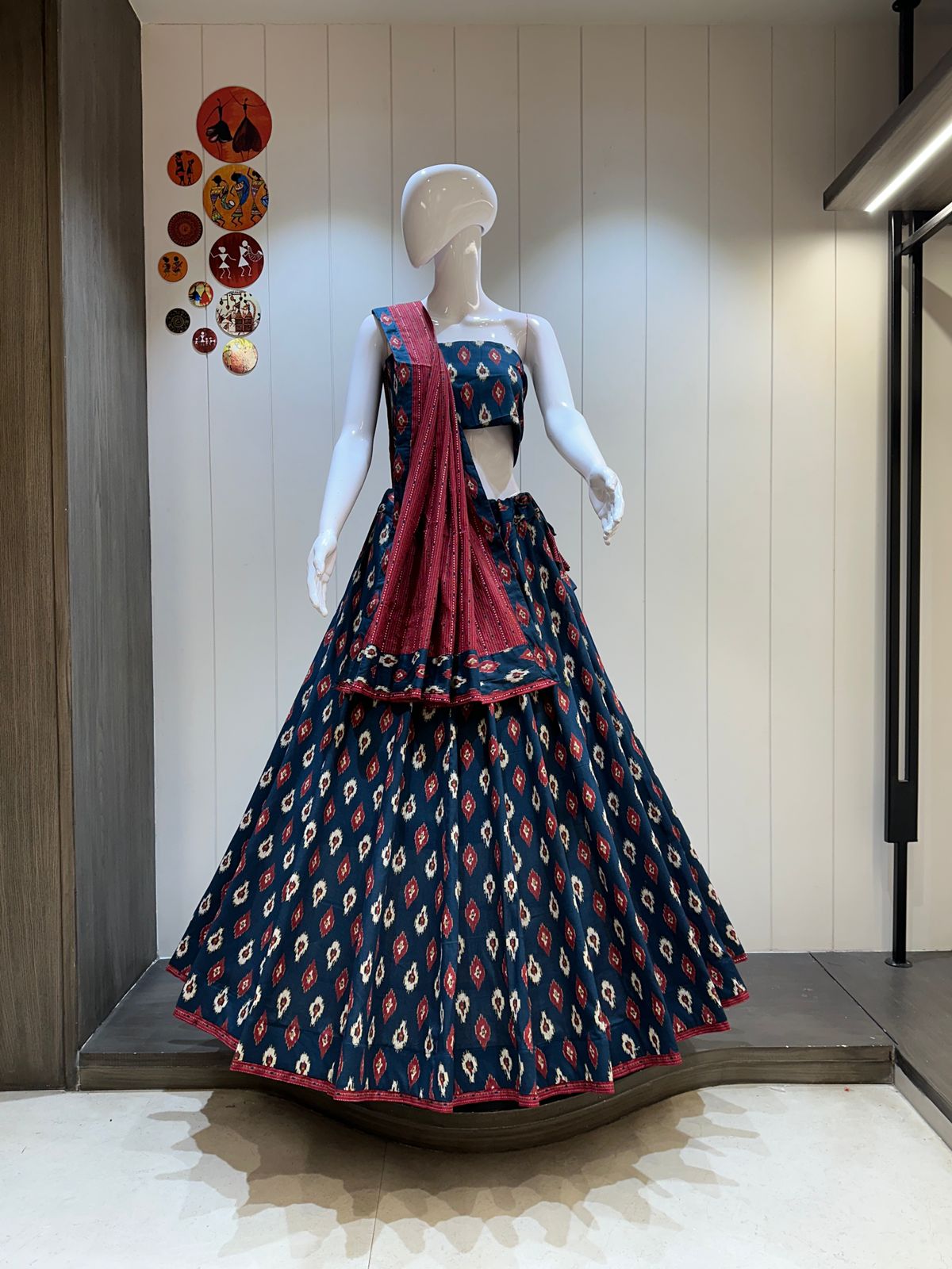 Navy blue ikkat chaniya choli in camric cotton

