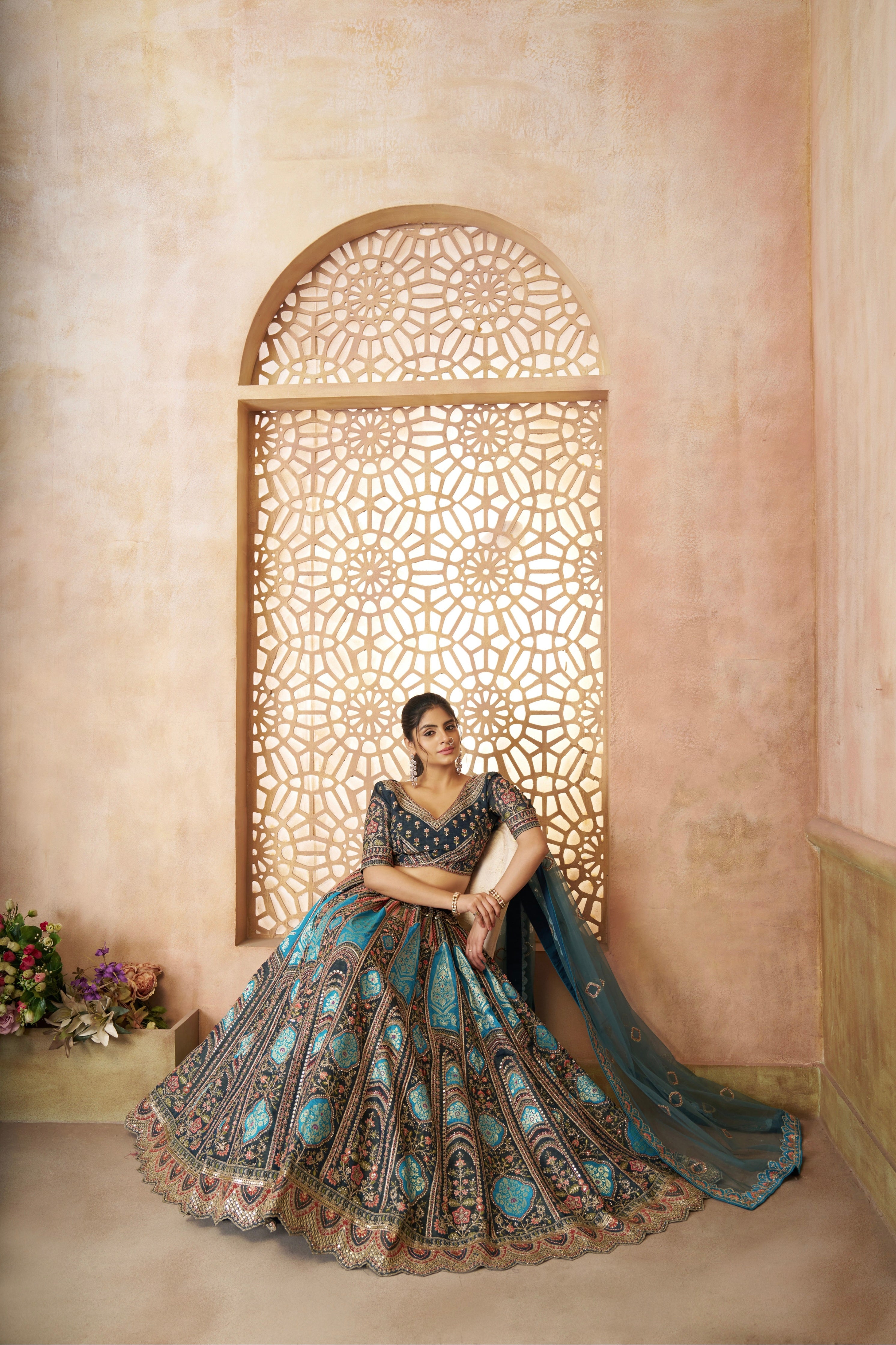 Semi-stitched blue lehenga set with blouse and dupatta