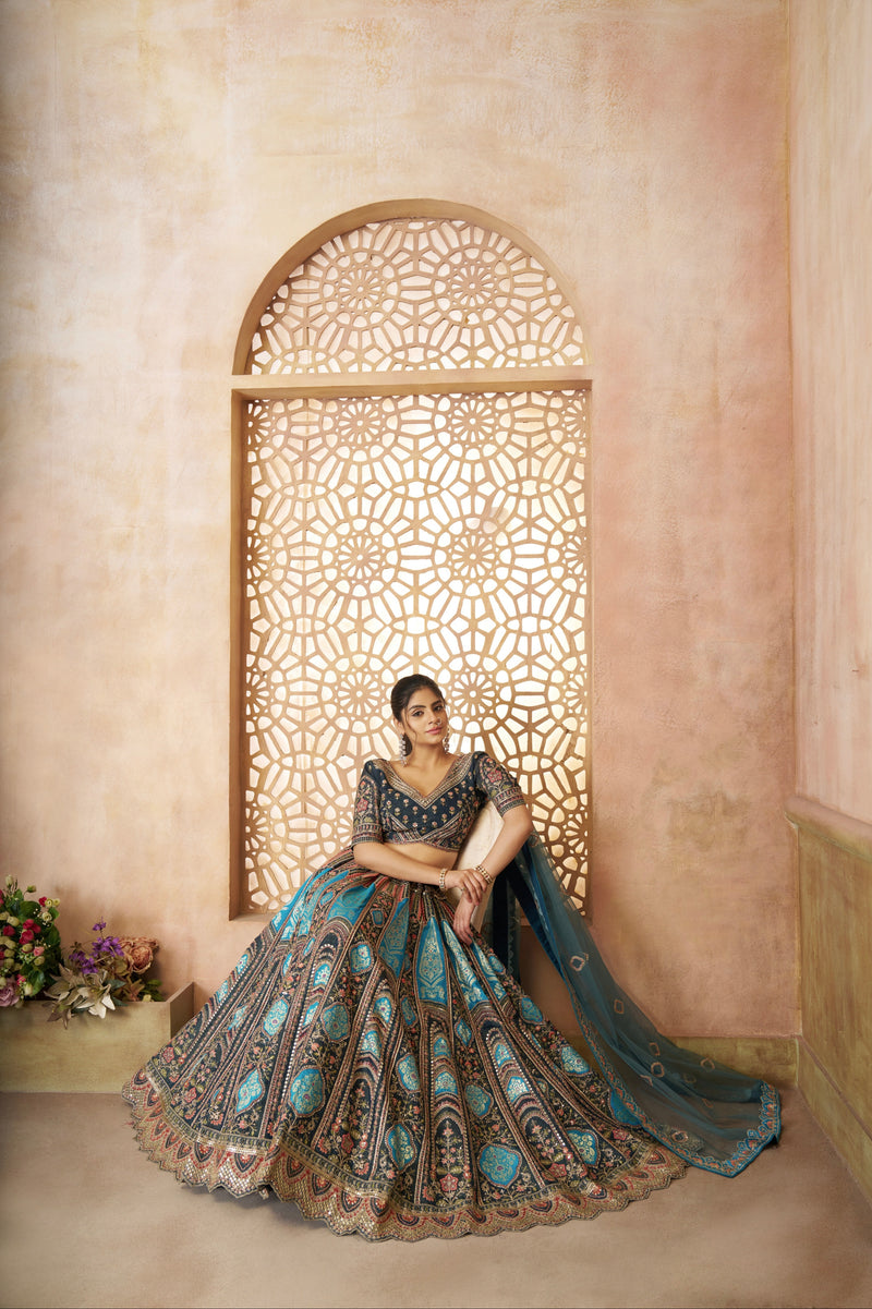 Semi-stitched blue lehenga set with blouse and dupatta
