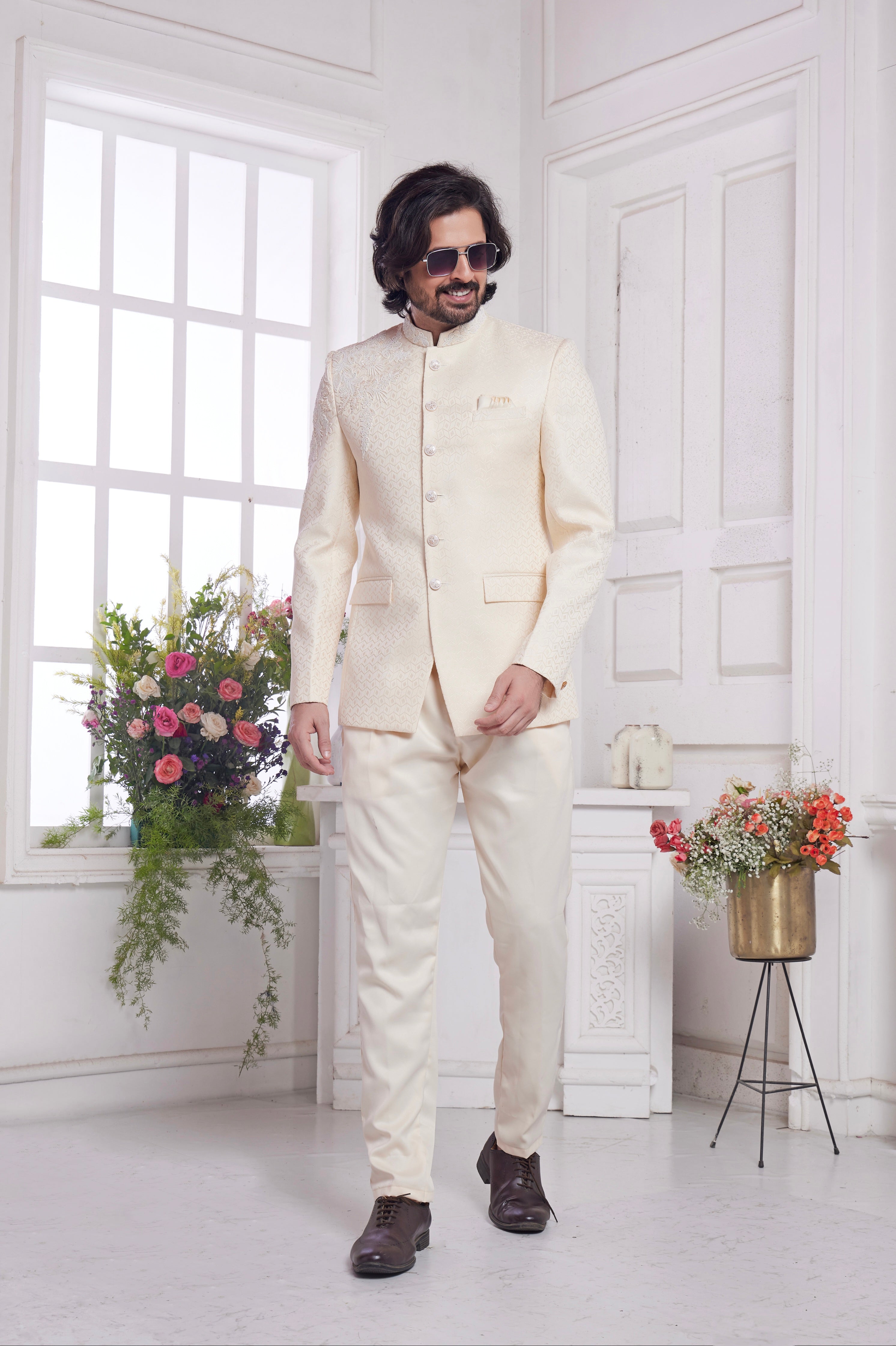 Wedding wear cream jacquard silk jodhpuri

