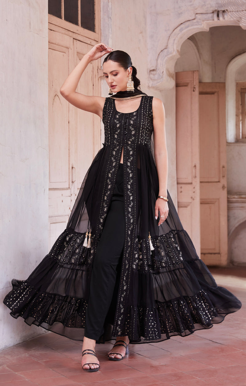 Black Anarkali Gown In Georgette With Zari Embroidery